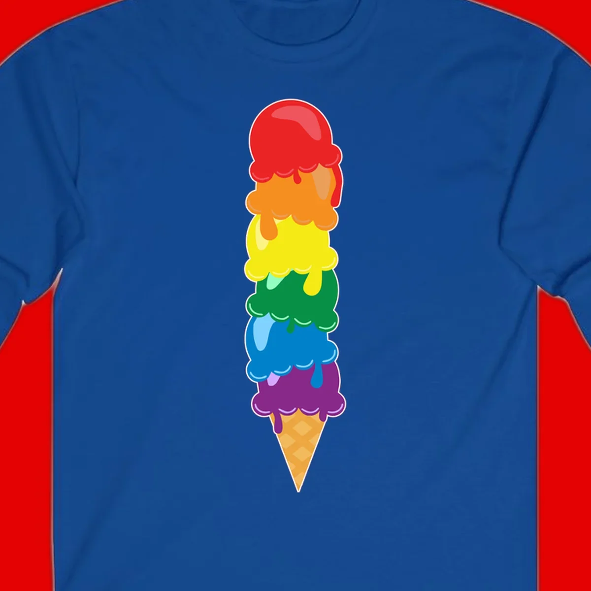 Colorful rainbow ice cream cone with six stacked scoops in pride flag colors dripping down a waffle cone