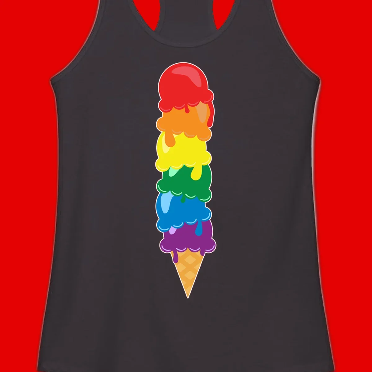 Colorful rainbow ice cream cone with six stacked scoops in pride flag colors dripping down a waffle cone