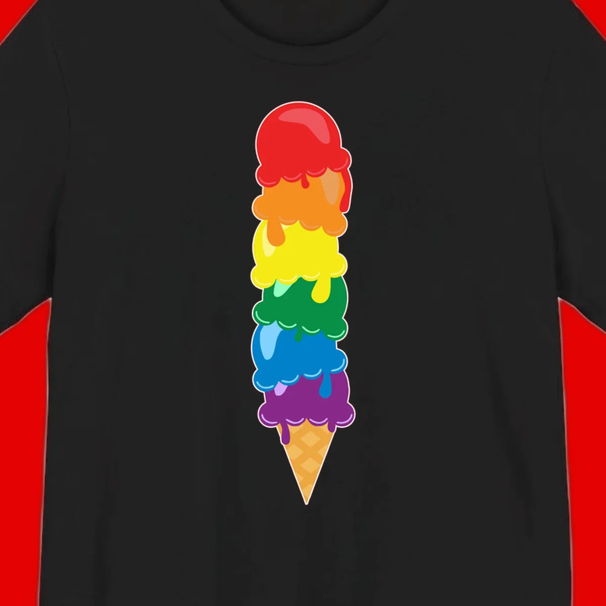 Colorful rainbow ice cream cone with six stacked scoops in pride flag colors dripping down a waffle cone