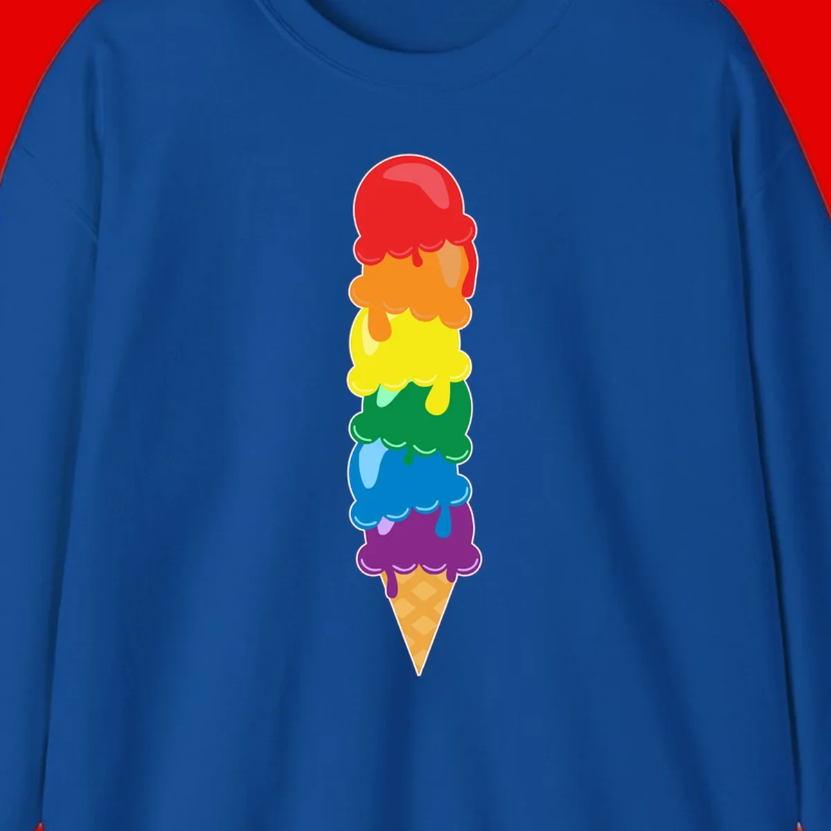 Colorful rainbow ice cream cone with six stacked scoops in pride flag colors dripping down a waffle cone