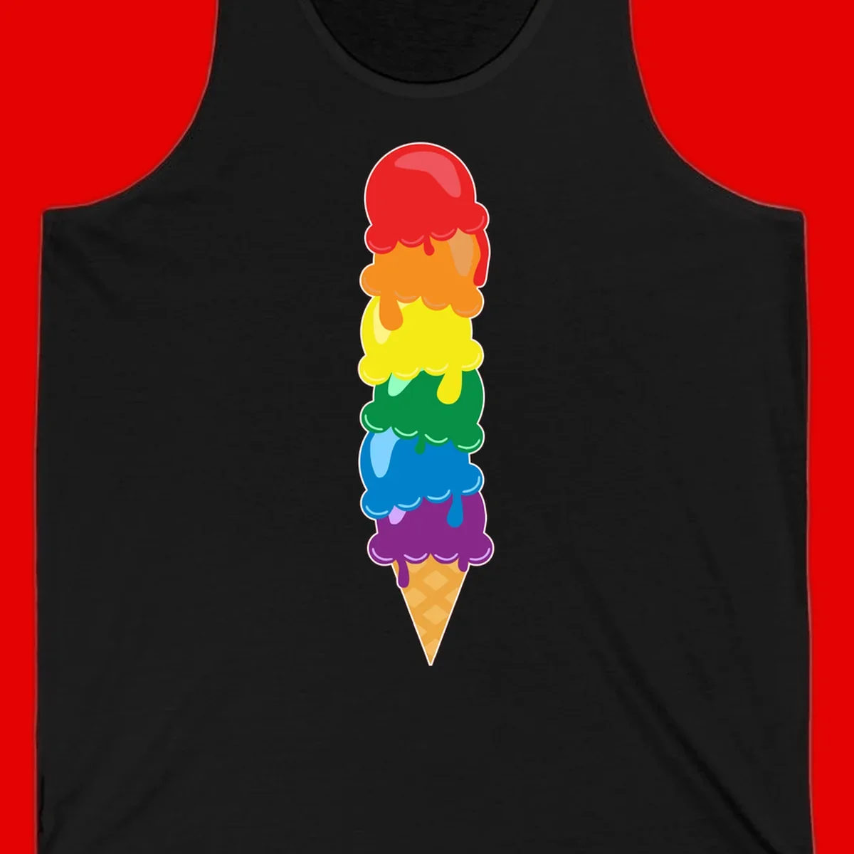 Colorful rainbow ice cream cone with six stacked scoops in pride flag colors dripping down a waffle cone