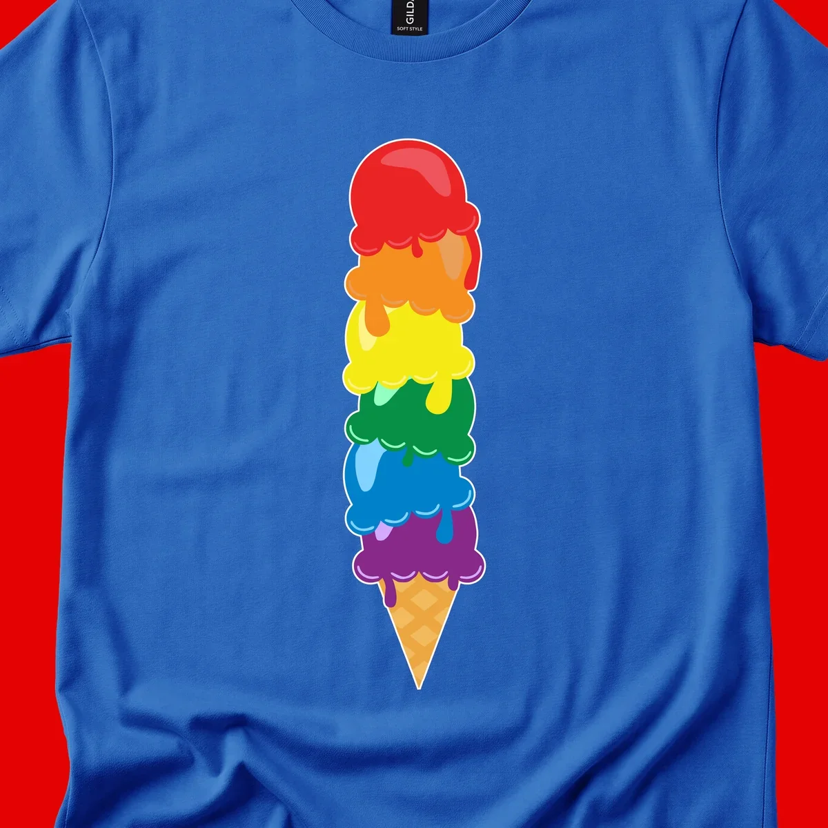 Colorful rainbow ice cream cone with six stacked scoops in pride flag colors dripping down a waffle cone