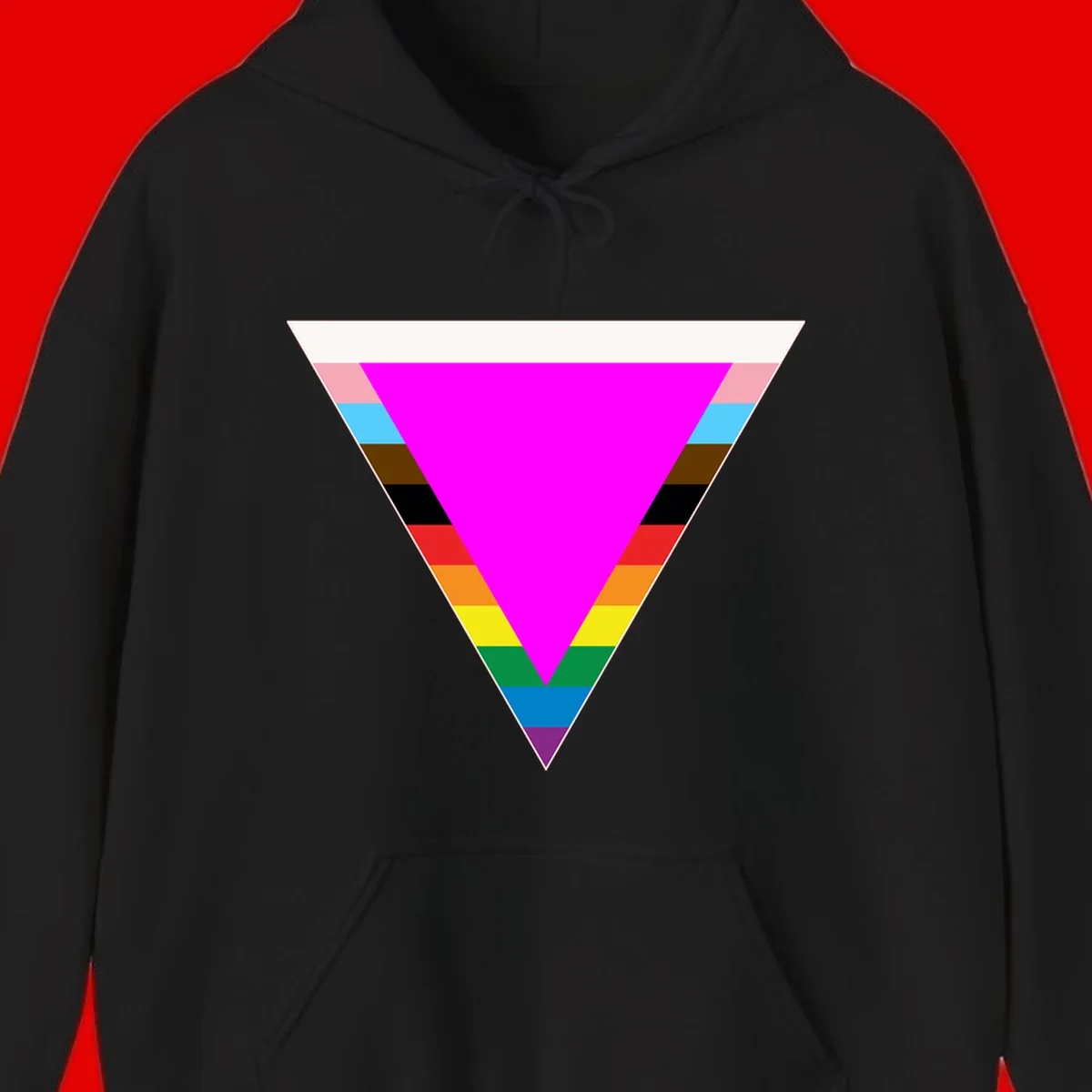 Rainbow pride triangle design with horizontal stripes in magenta, pink, cyan, brown, black, red, orange, yellow, green, teal, blue, and purple colors