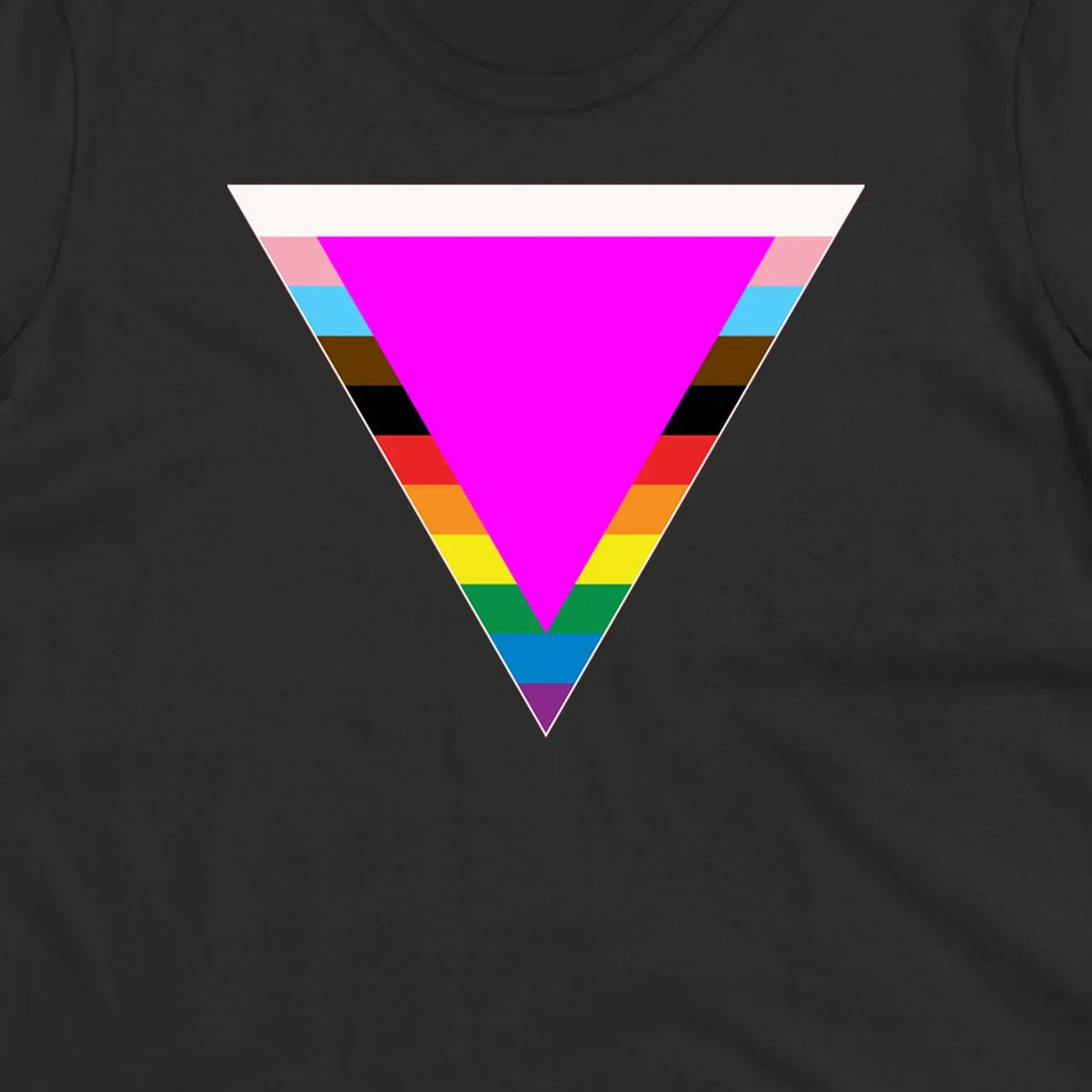 Rainbow pride triangle design with horizontal stripes in magenta, pink, cyan, brown, black, red, orange, yellow, green, teal, blue, and purple colors