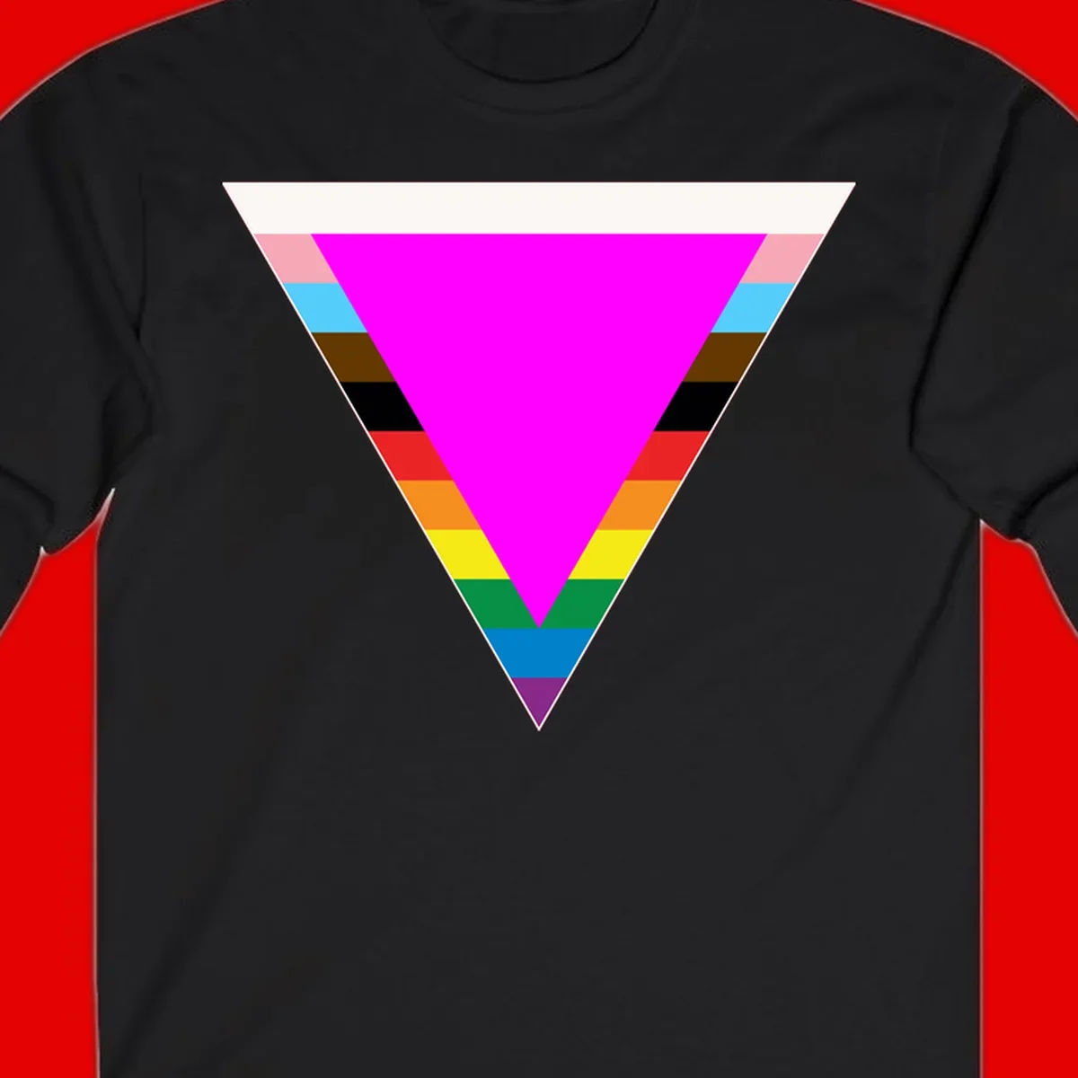 Rainbow pride triangle design with horizontal stripes in magenta, pink, cyan, brown, black, red, orange, yellow, green, teal, blue, and purple colors