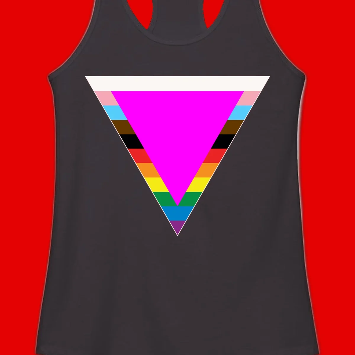 Rainbow pride triangle design with horizontal stripes in magenta, pink, cyan, brown, black, red, orange, yellow, green, teal, blue, and purple colors