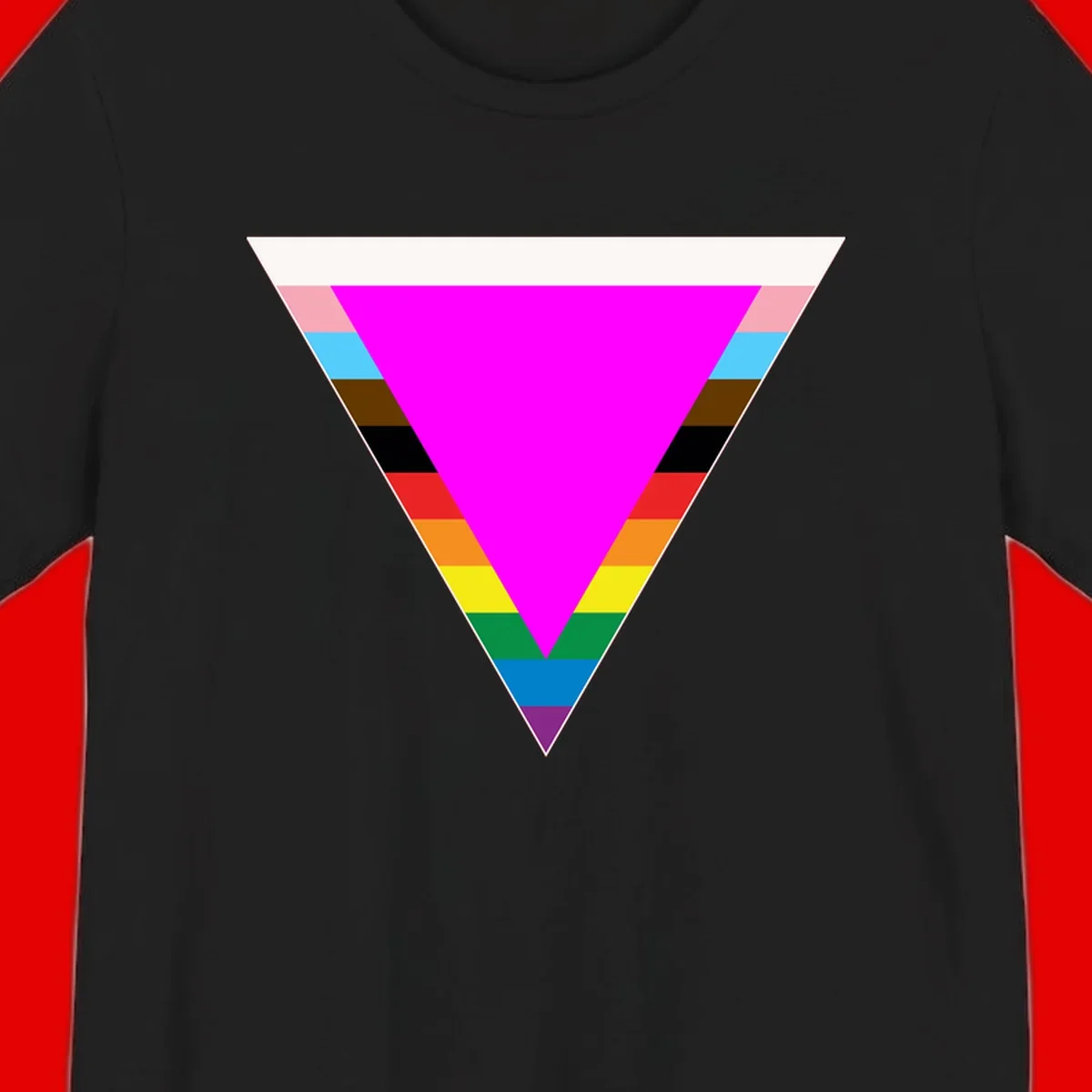 Rainbow pride triangle design with horizontal stripes in magenta, pink, cyan, brown, black, red, orange, yellow, green, teal, blue, and purple colors