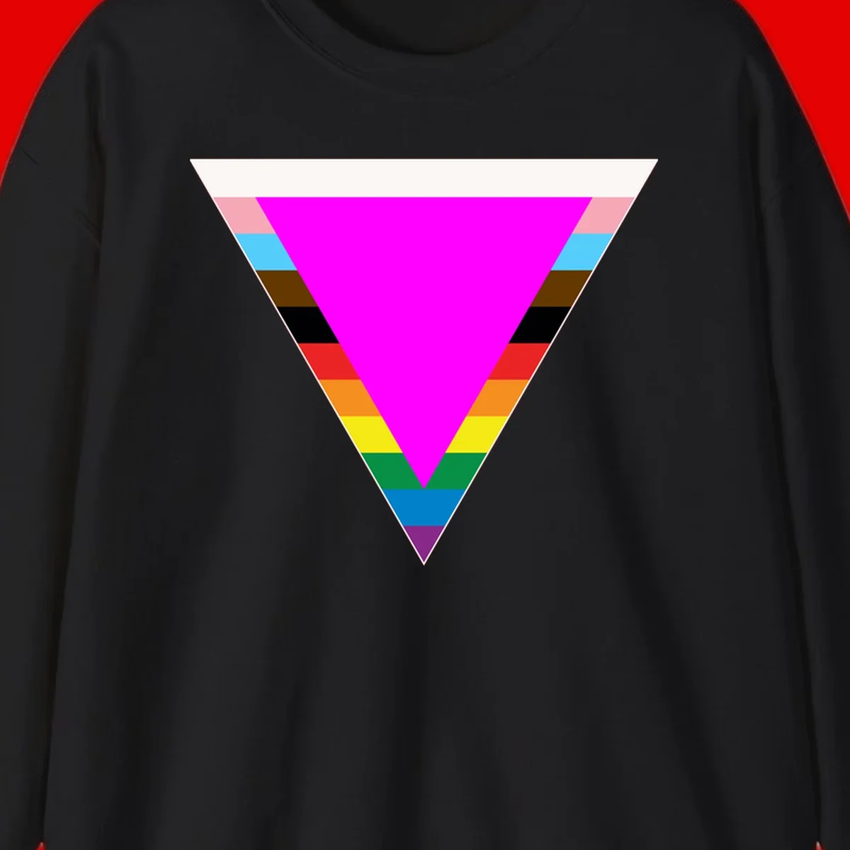 Rainbow pride triangle design with horizontal stripes in magenta, pink, cyan, brown, black, red, orange, yellow, green, teal, blue, and purple colors