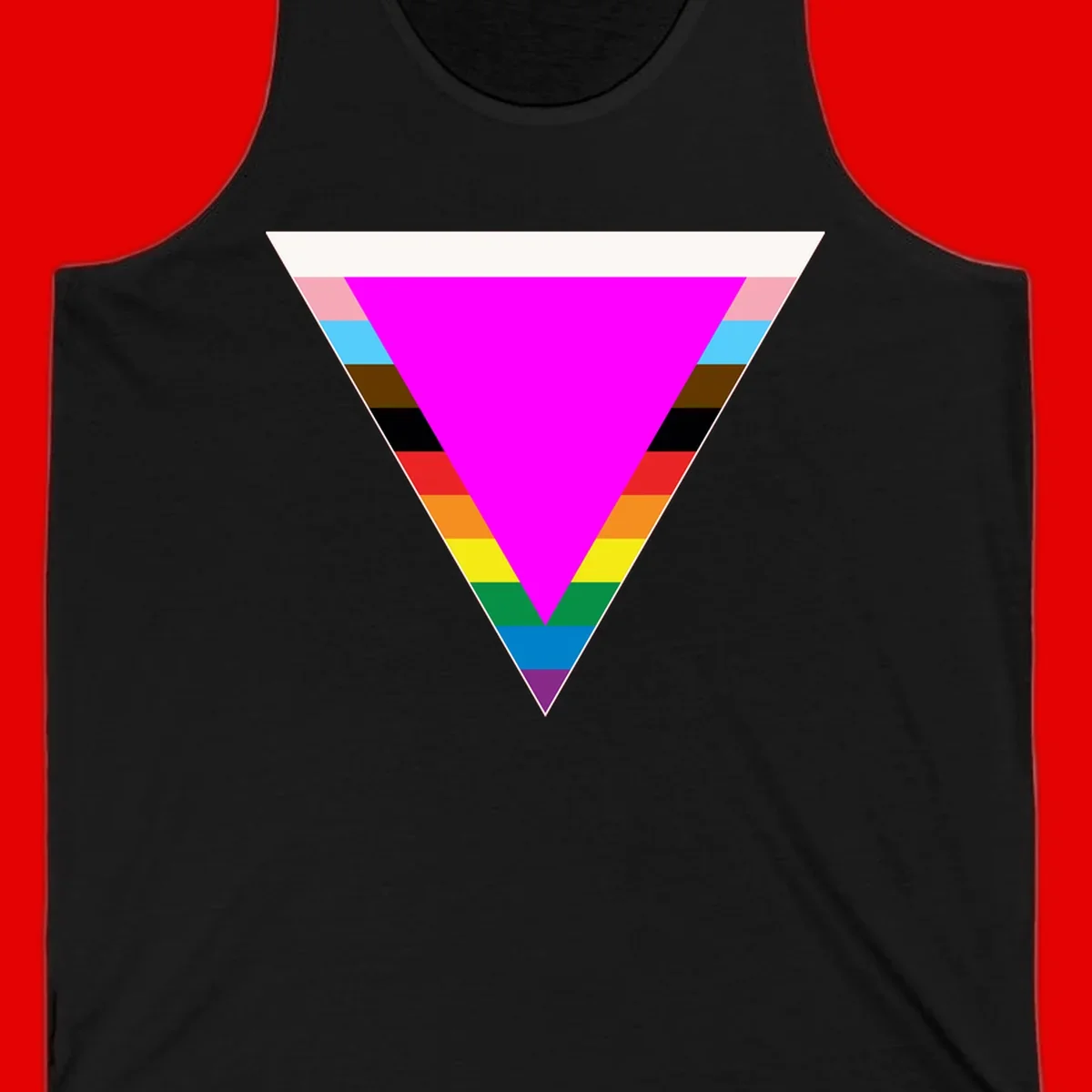 Rainbow pride triangle design with horizontal stripes in magenta, pink, cyan, brown, black, red, orange, yellow, green, teal, blue, and purple colors