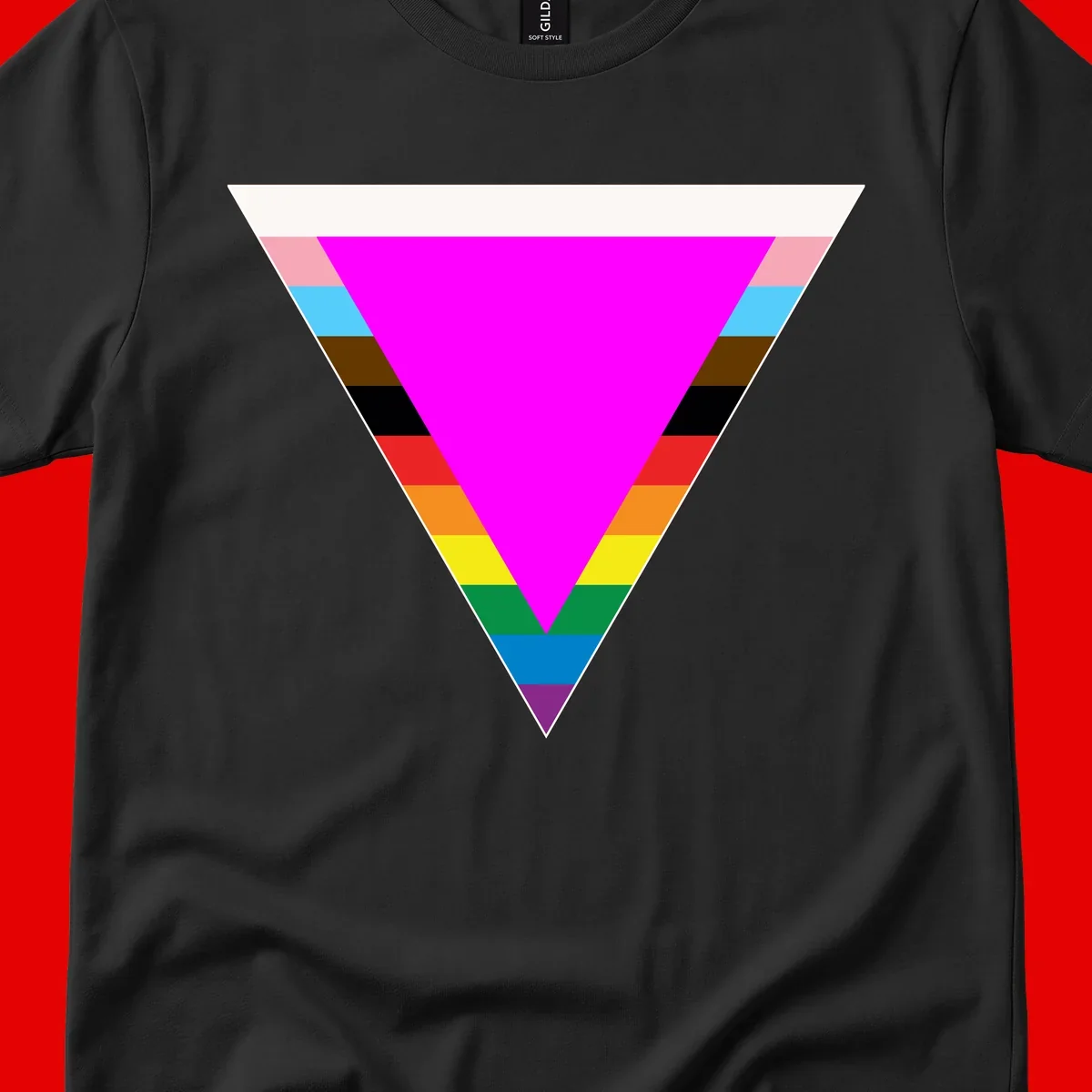 Rainbow pride triangle design with horizontal stripes in magenta, pink, cyan, brown, black, red, orange, yellow, green, teal, blue, and purple colors