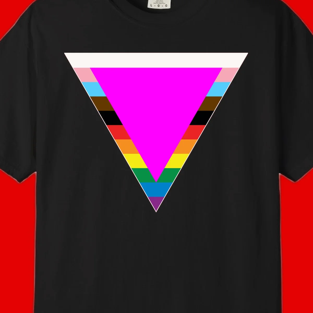 Rainbow pride triangle design featuring a large magenta inverted triangle surrounded by horizontal stripes in pride flag colors