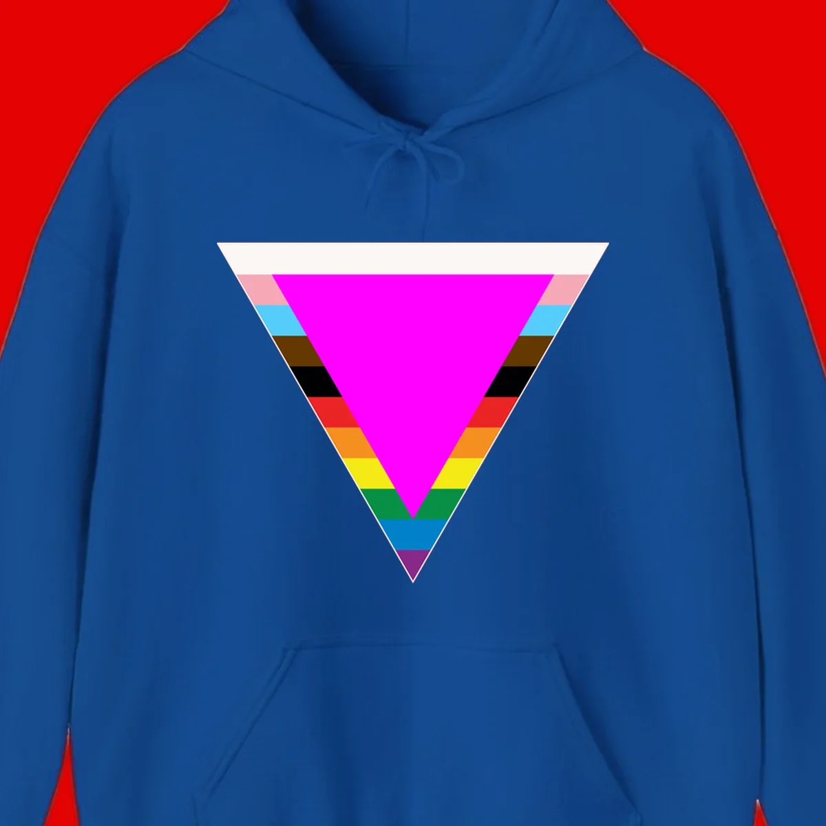Rainbow pride triangle design featuring a large magenta inverted triangle surrounded by horizontal stripes in pride flag colors