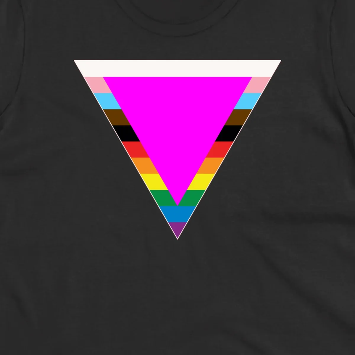 Rainbow pride triangle design featuring a large magenta inverted triangle surrounded by horizontal stripes in pride flag colors