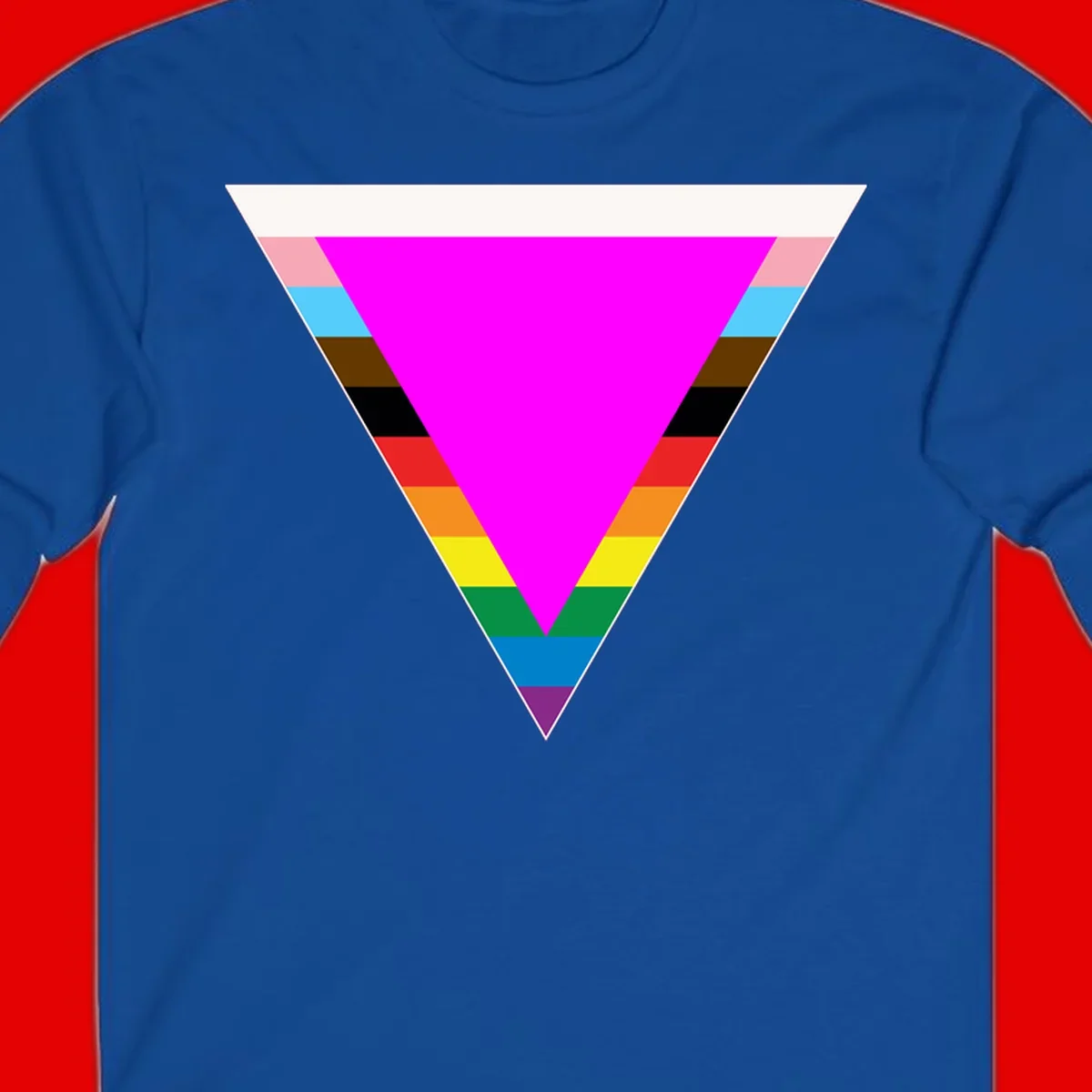 Rainbow pride triangle design featuring a large magenta inverted triangle surrounded by horizontal stripes in pride flag colors
