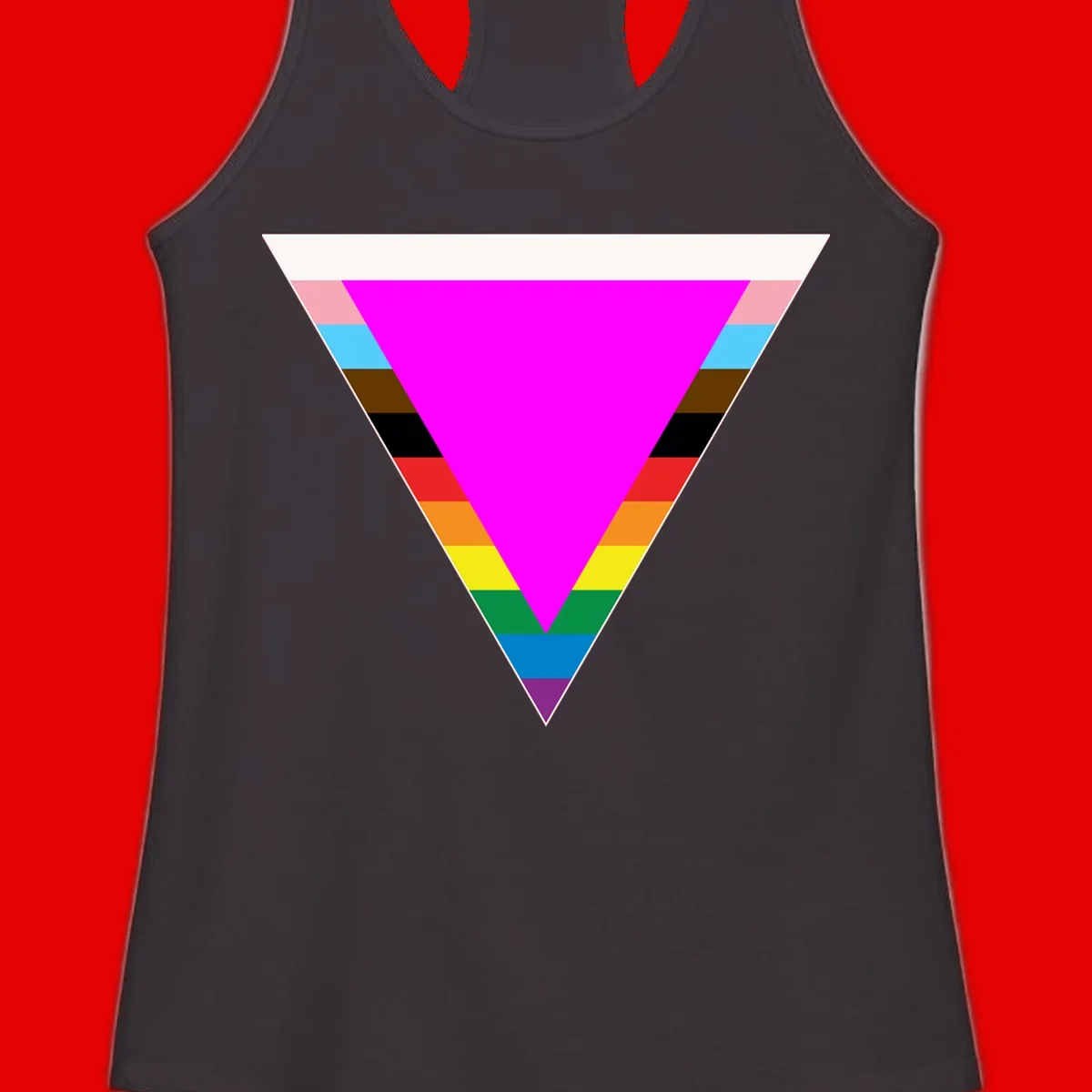 Rainbow pride triangle design featuring a large magenta inverted triangle surrounded by horizontal stripes in pride flag colors