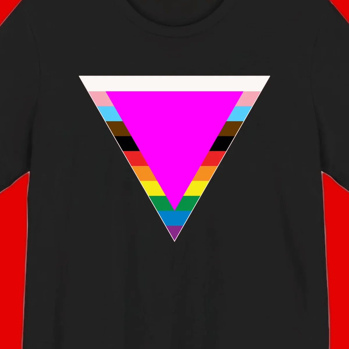 Rainbow pride triangle design featuring a large magenta inverted triangle surrounded by horizontal stripes in pride flag colors