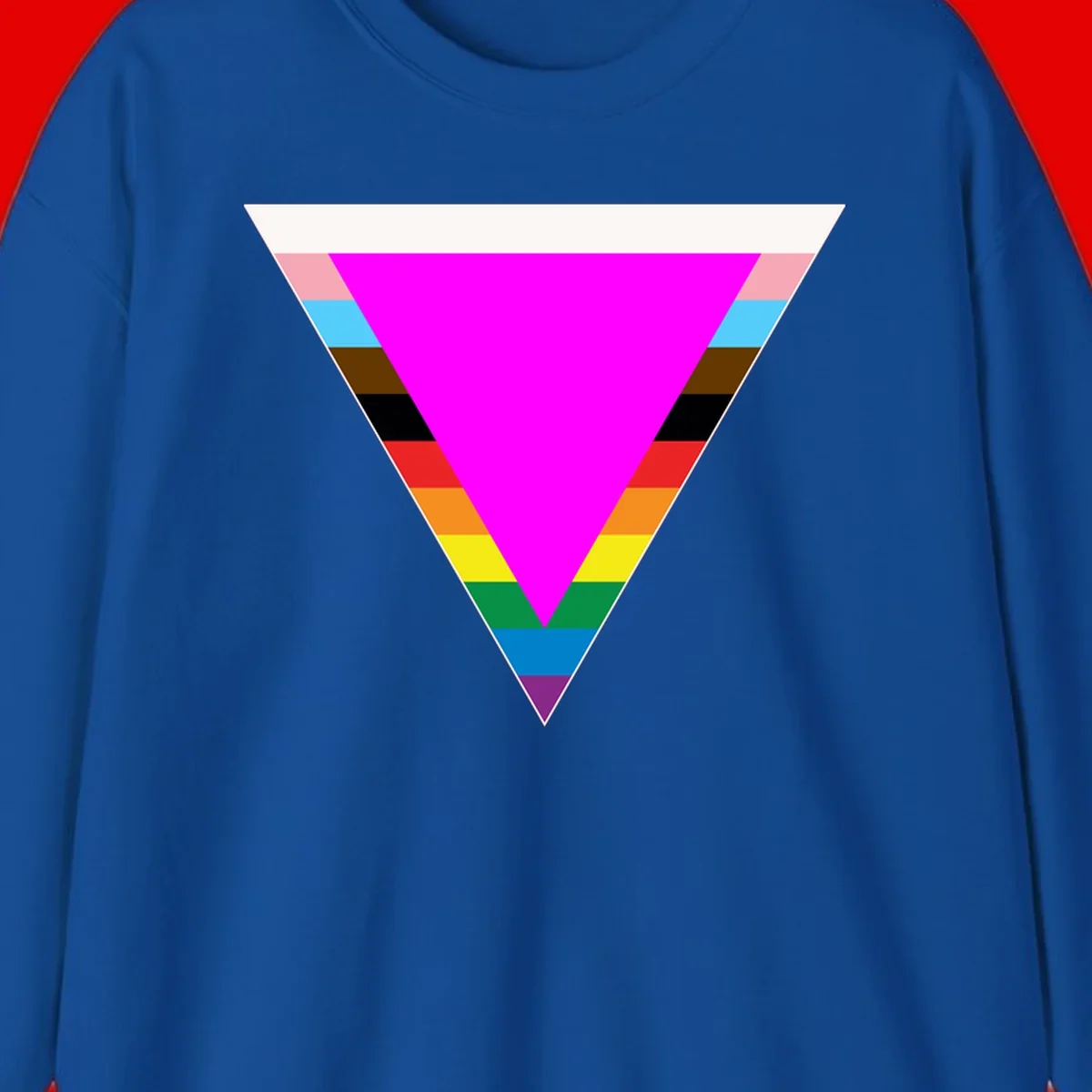 Rainbow pride triangle design featuring a large magenta inverted triangle surrounded by horizontal stripes in pride flag colors