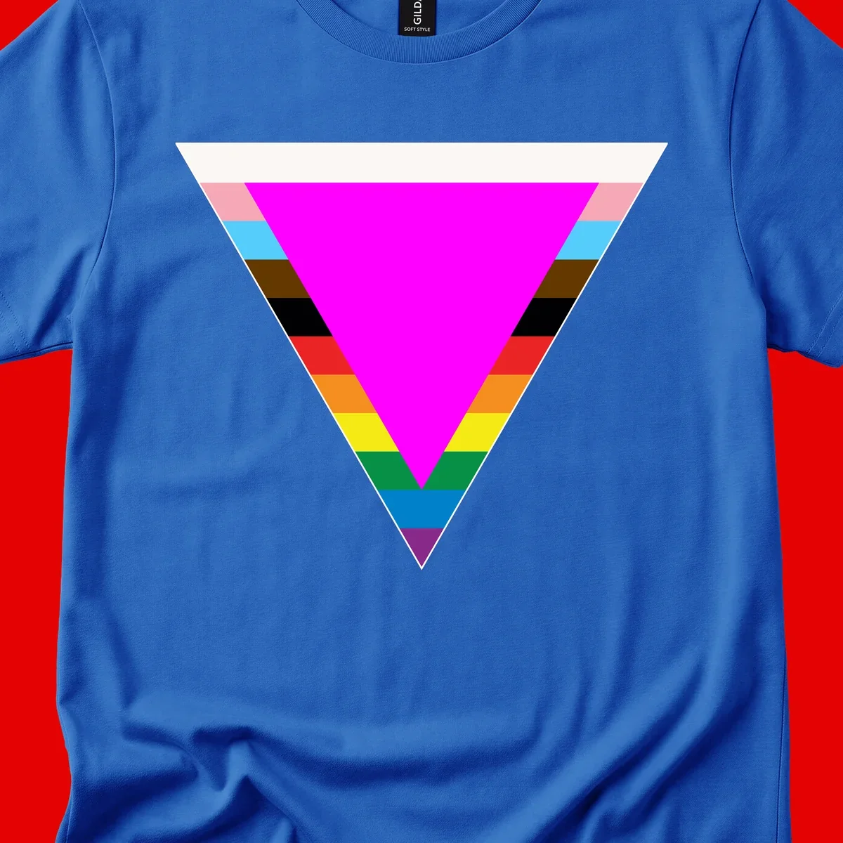 Rainbow pride triangle design featuring a large magenta inverted triangle surrounded by horizontal stripes in pride flag colors