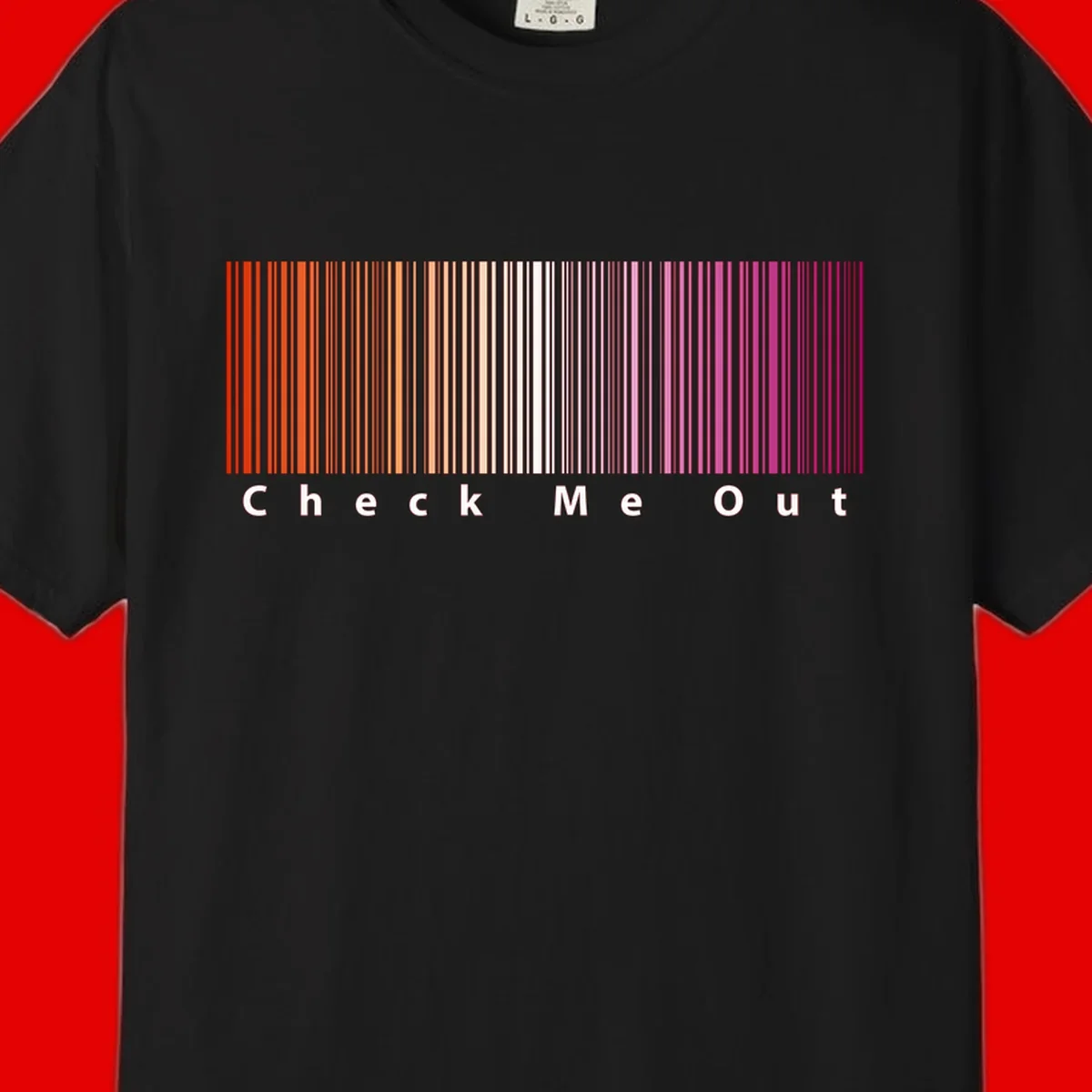 Check me out pride design with vertical rainbow gradient stripes transitioning from red to magenta with bold white text