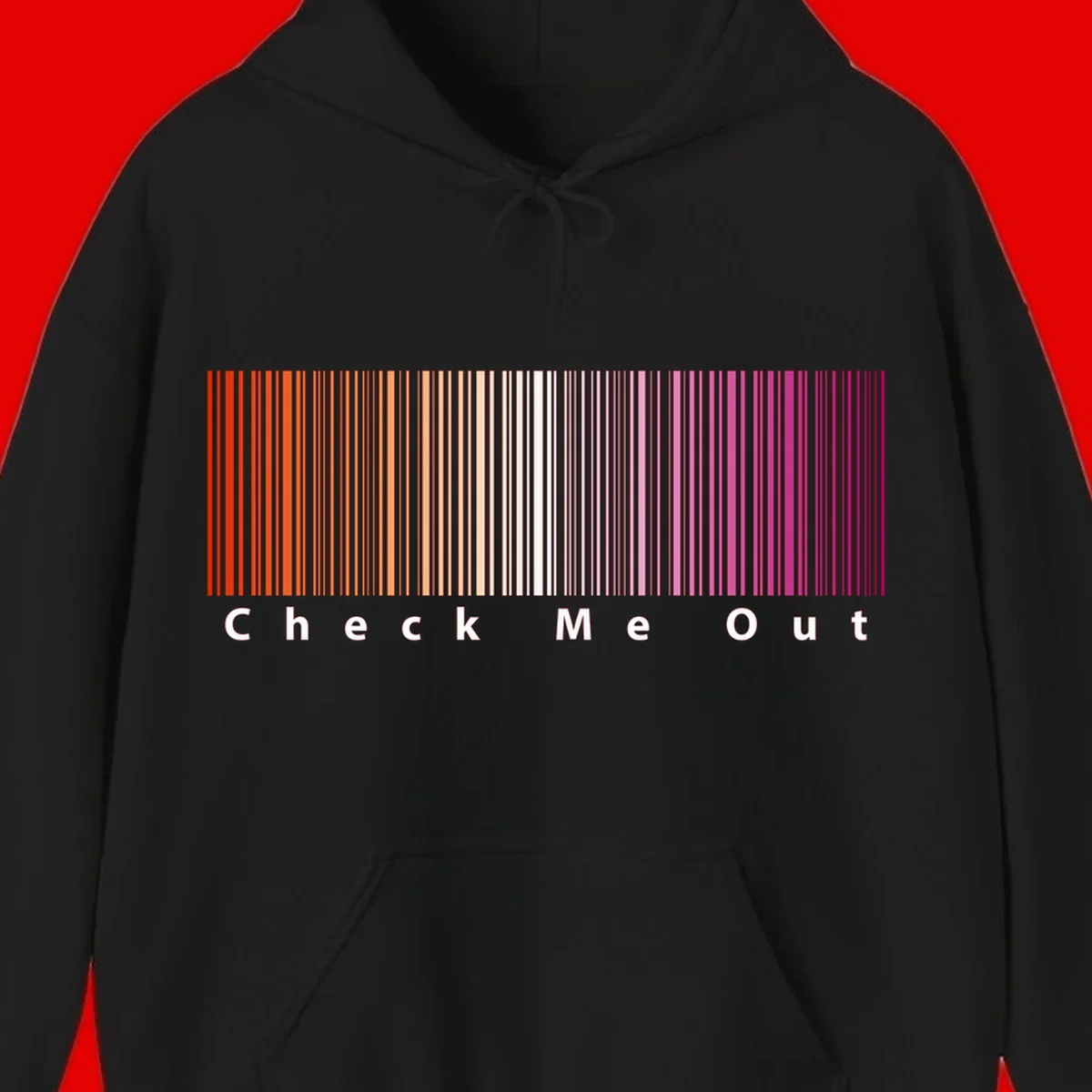 Check me out pride design with vertical rainbow gradient stripes transitioning from red to magenta with bold white text