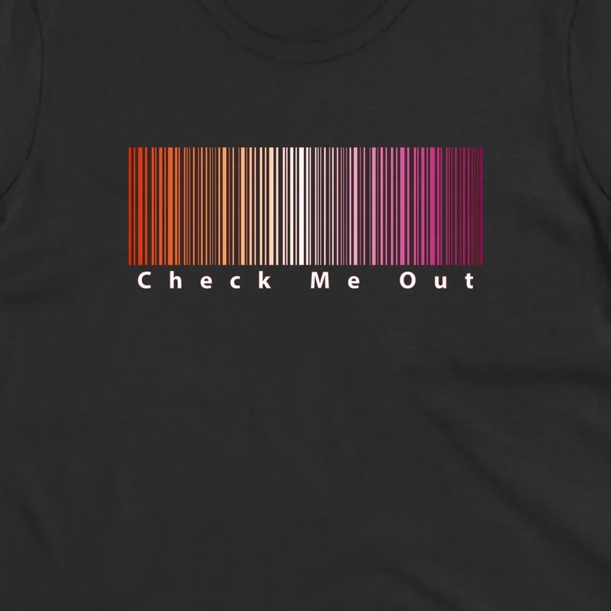 Check me out pride design with vertical rainbow gradient stripes transitioning from red to magenta with bold white text