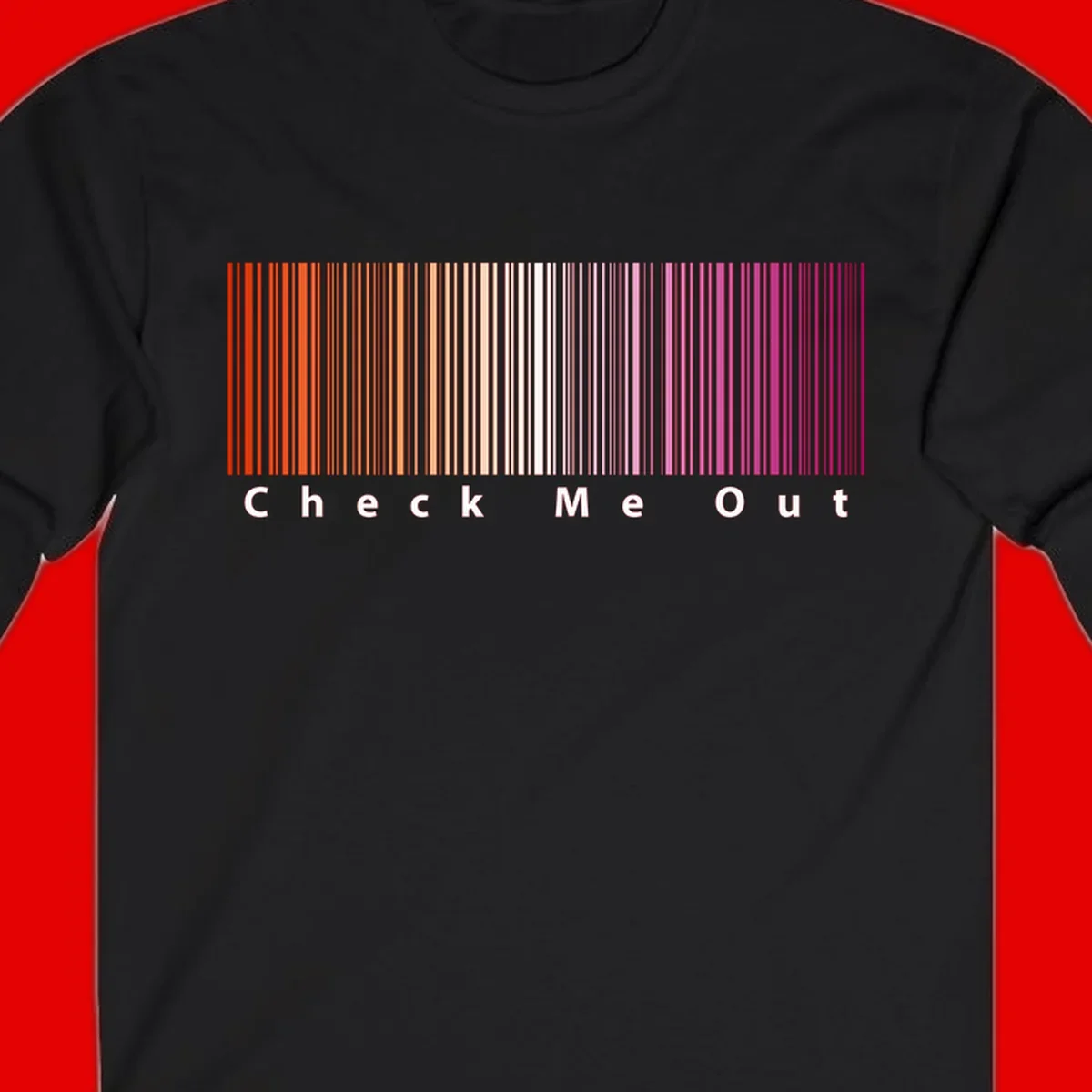 Check me out pride design with vertical rainbow gradient stripes transitioning from red to magenta with bold white text