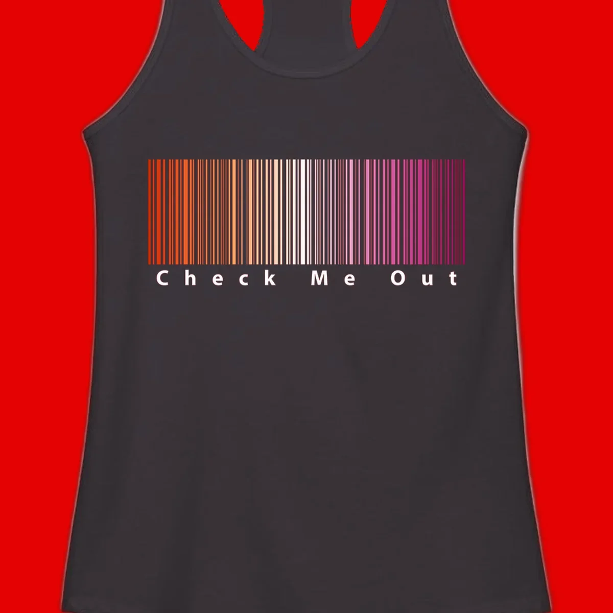 Check me out pride design with vertical rainbow gradient stripes transitioning from red to magenta with bold white text