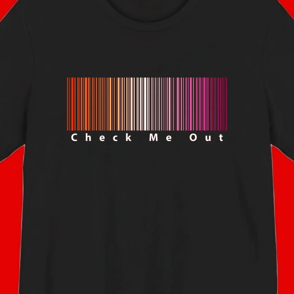 Check me out pride design with vertical rainbow gradient stripes transitioning from red to magenta with bold white text
