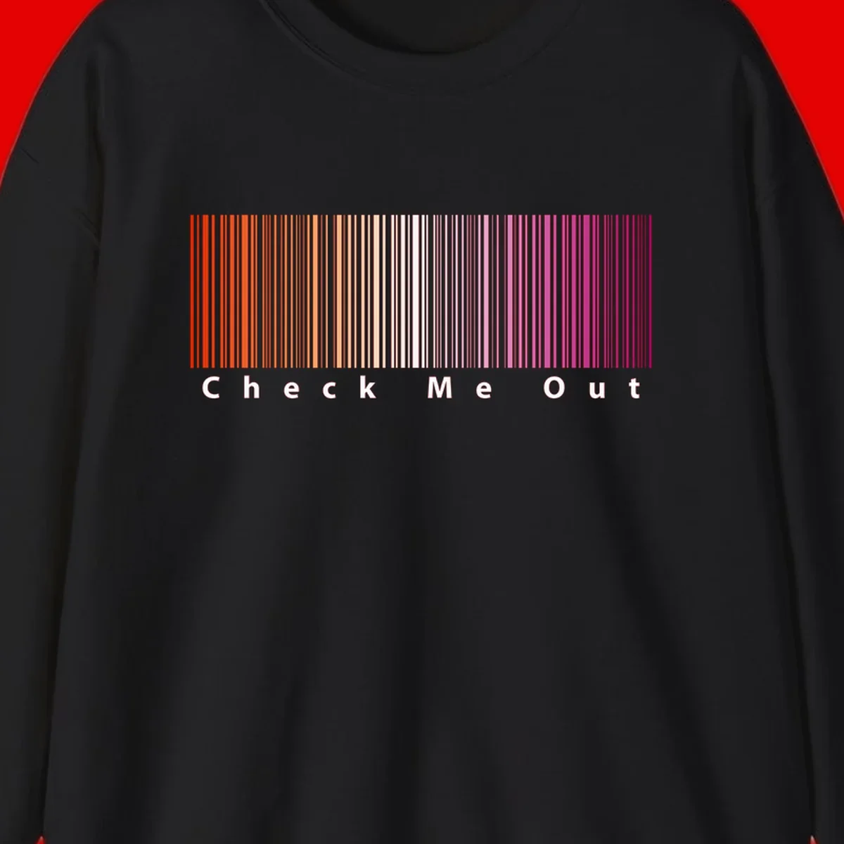 Check me out pride design with vertical rainbow gradient stripes transitioning from red to magenta with bold white text