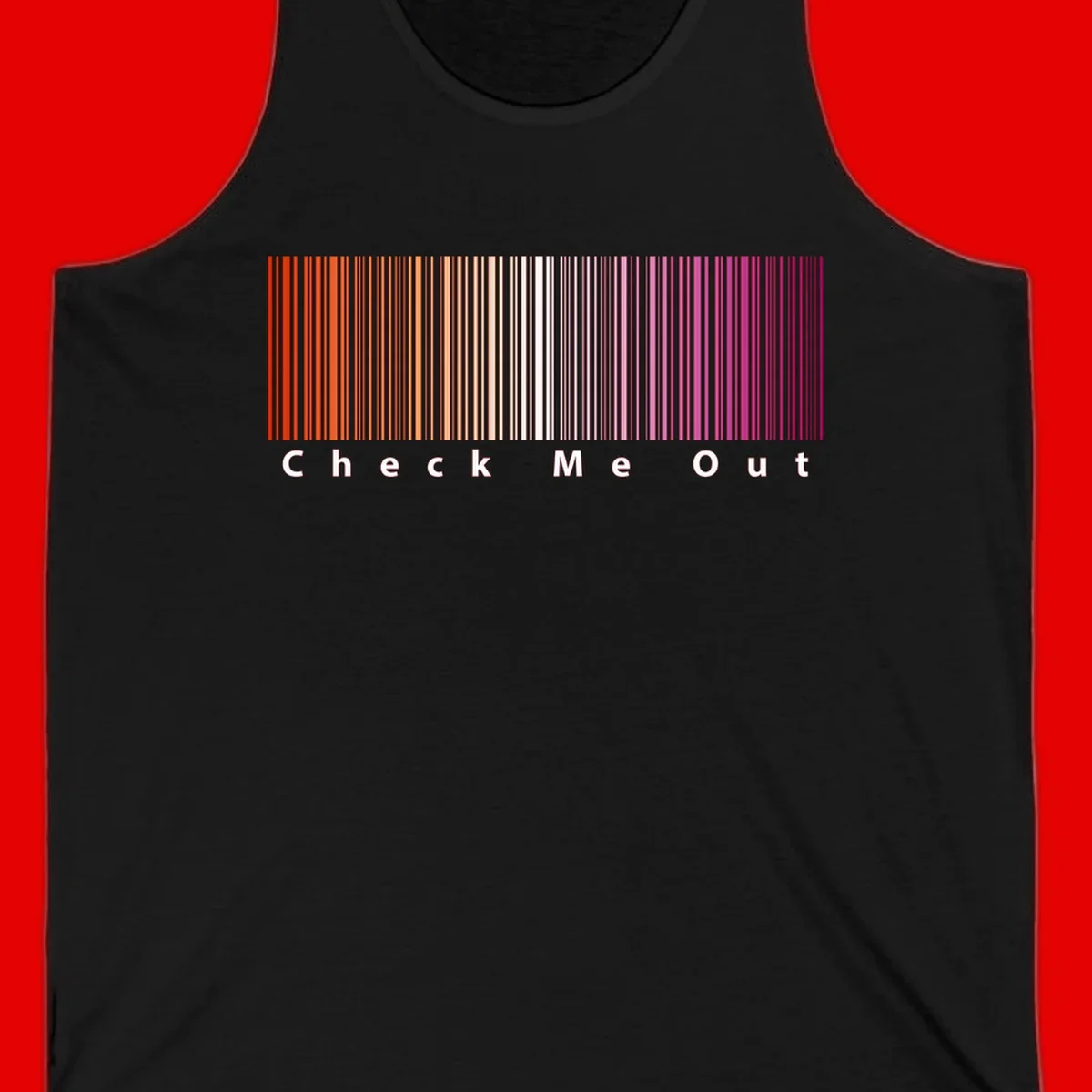 Check me out pride design with vertical rainbow gradient stripes transitioning from red to magenta with bold white text