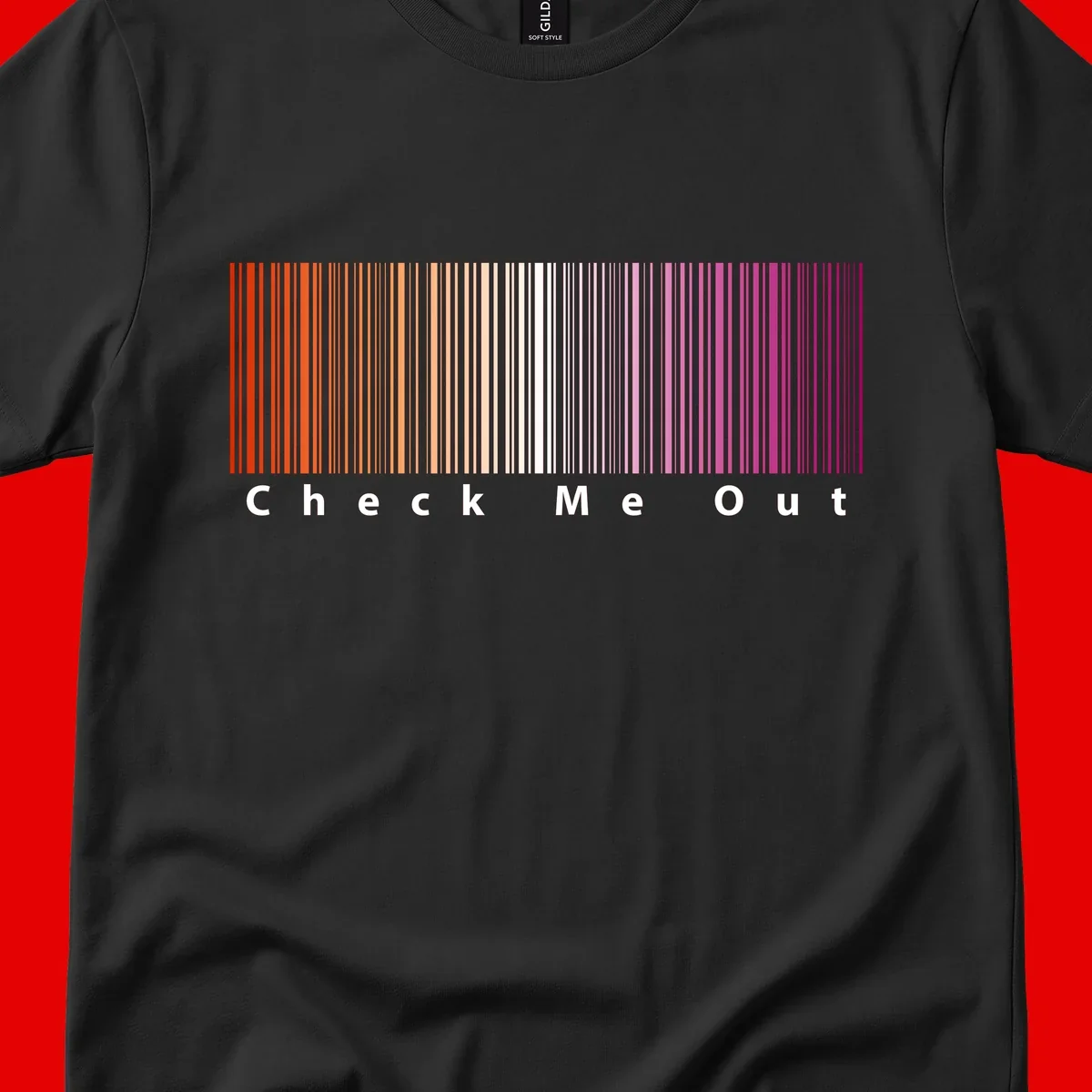Check me out pride design with vertical rainbow gradient stripes transitioning from red to magenta with bold white text