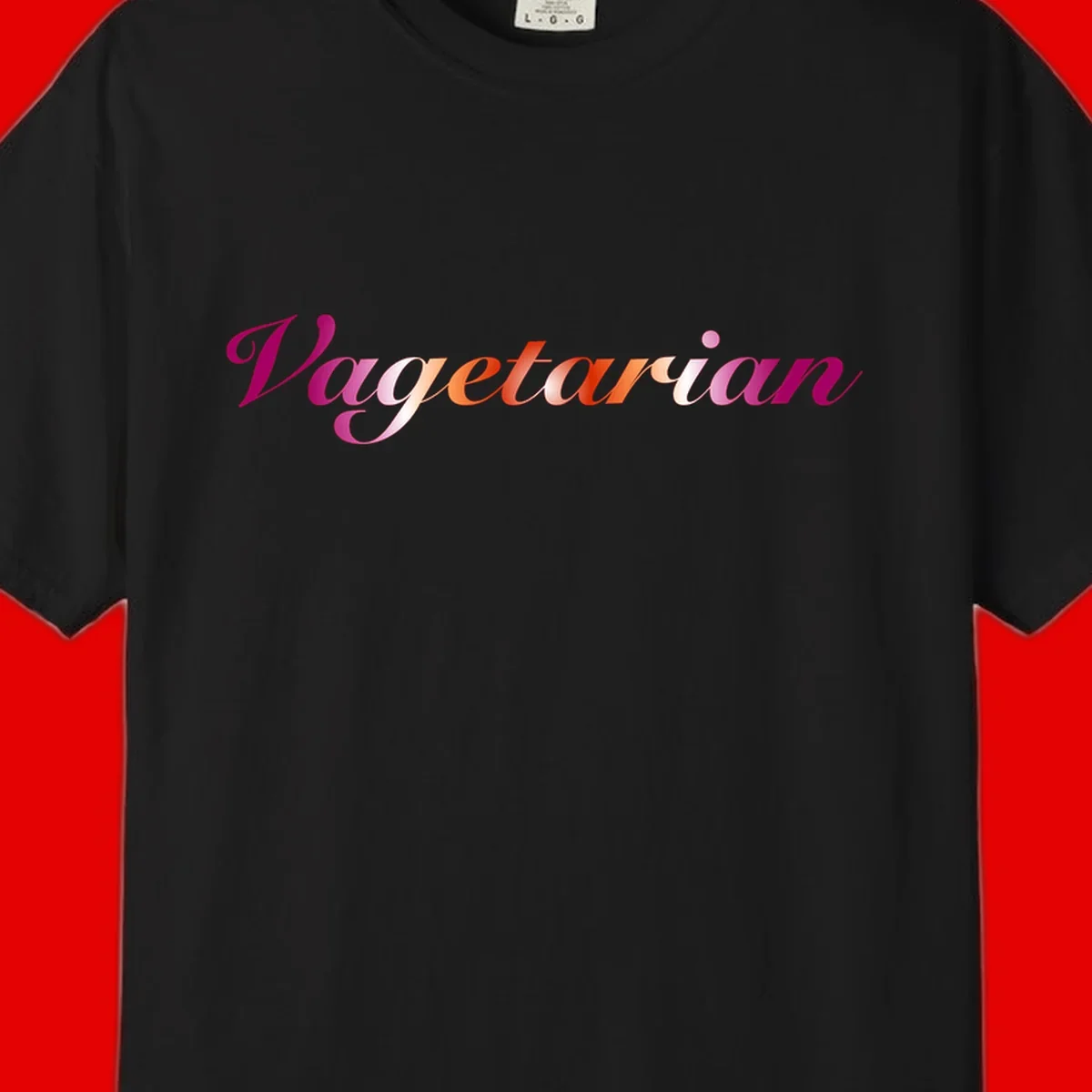 Colorful 'Vegetarian' text in flowing script with magenta, pink, and orange lettering on gray background