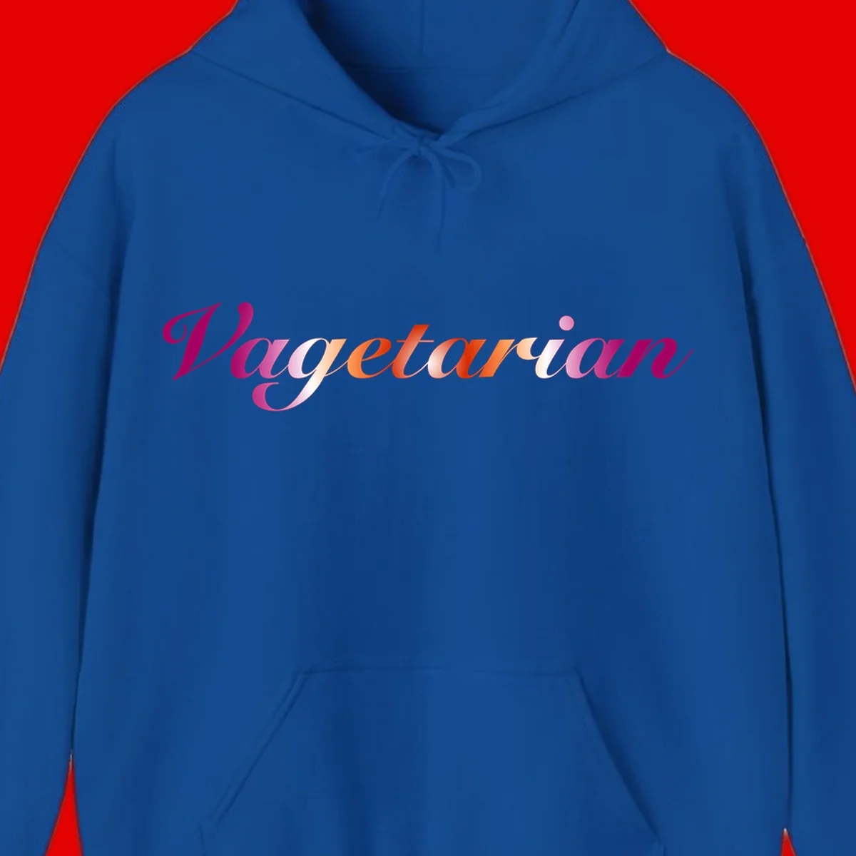 Colorful 'Vegetarian' text in flowing script with magenta, pink, and orange lettering on gray background
