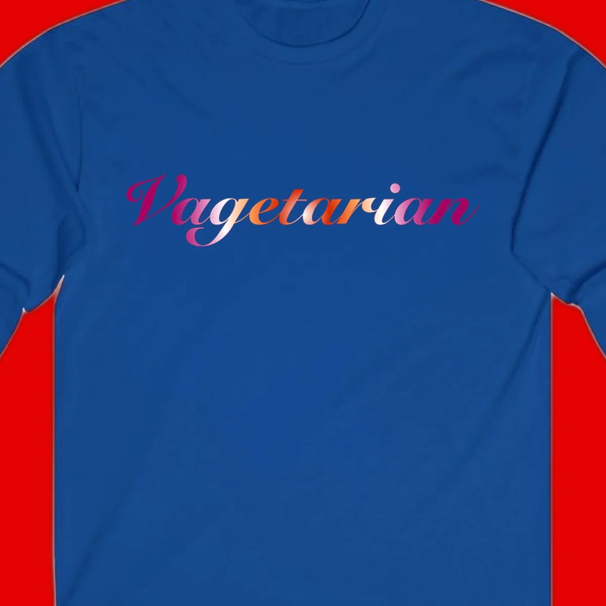 Colorful 'Vegetarian' text in flowing script with magenta, pink, and orange lettering on gray background