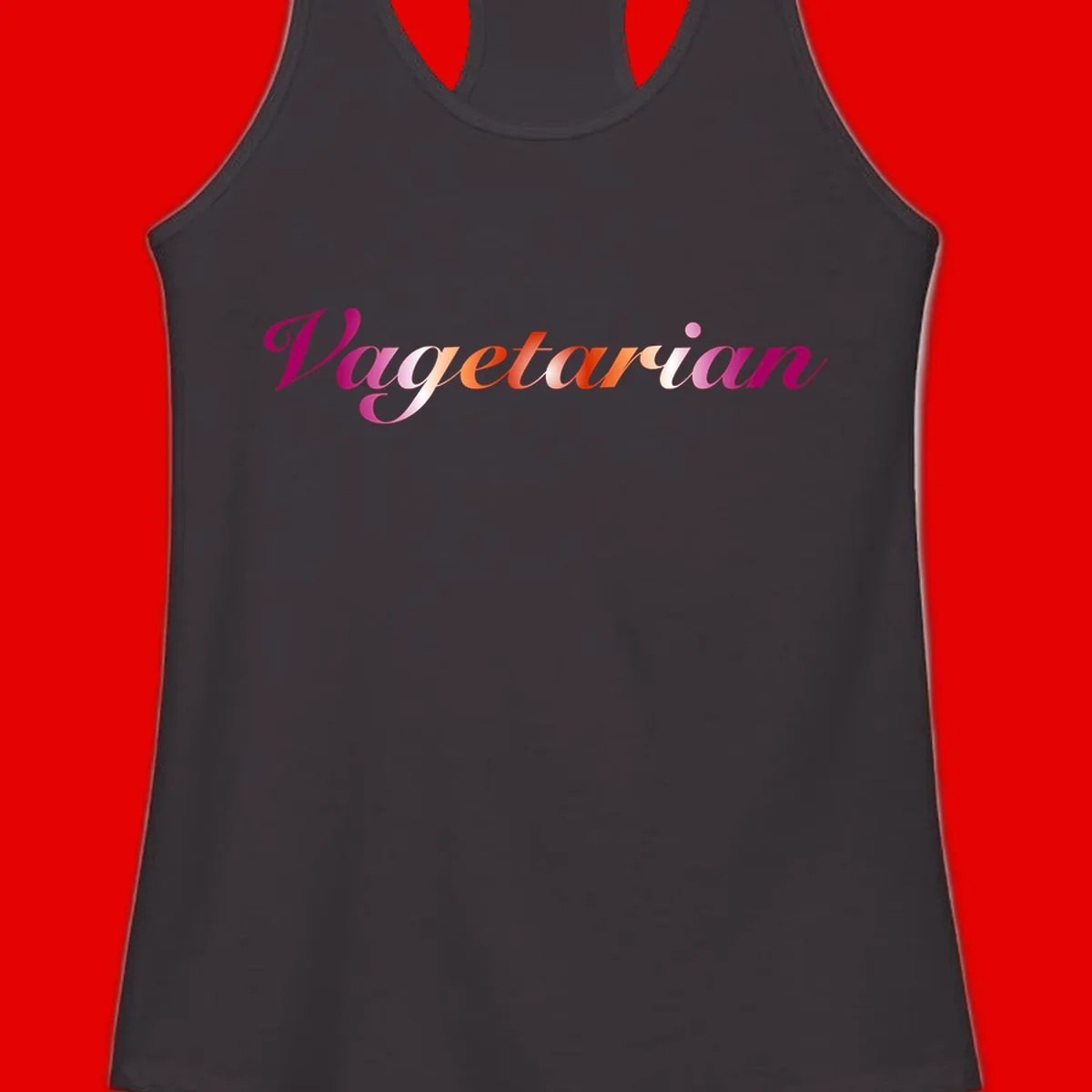 Colorful 'Vegetarian' text in flowing script with magenta, pink, and orange lettering on gray background