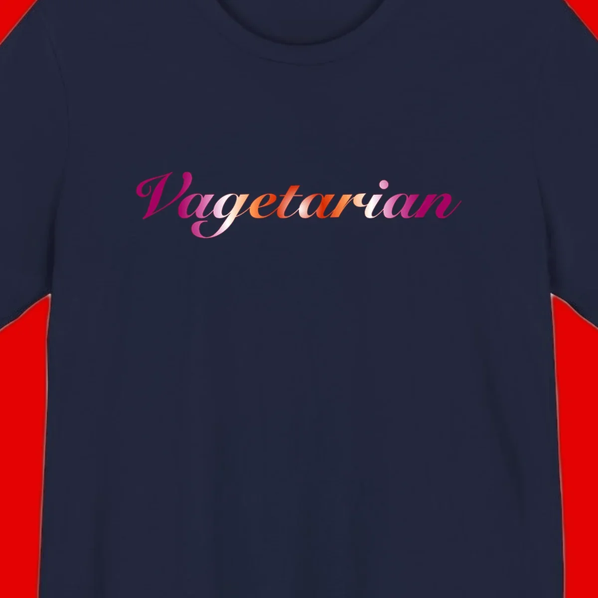Colorful 'Vegetarian' text in flowing script with magenta, pink, and orange lettering on gray background