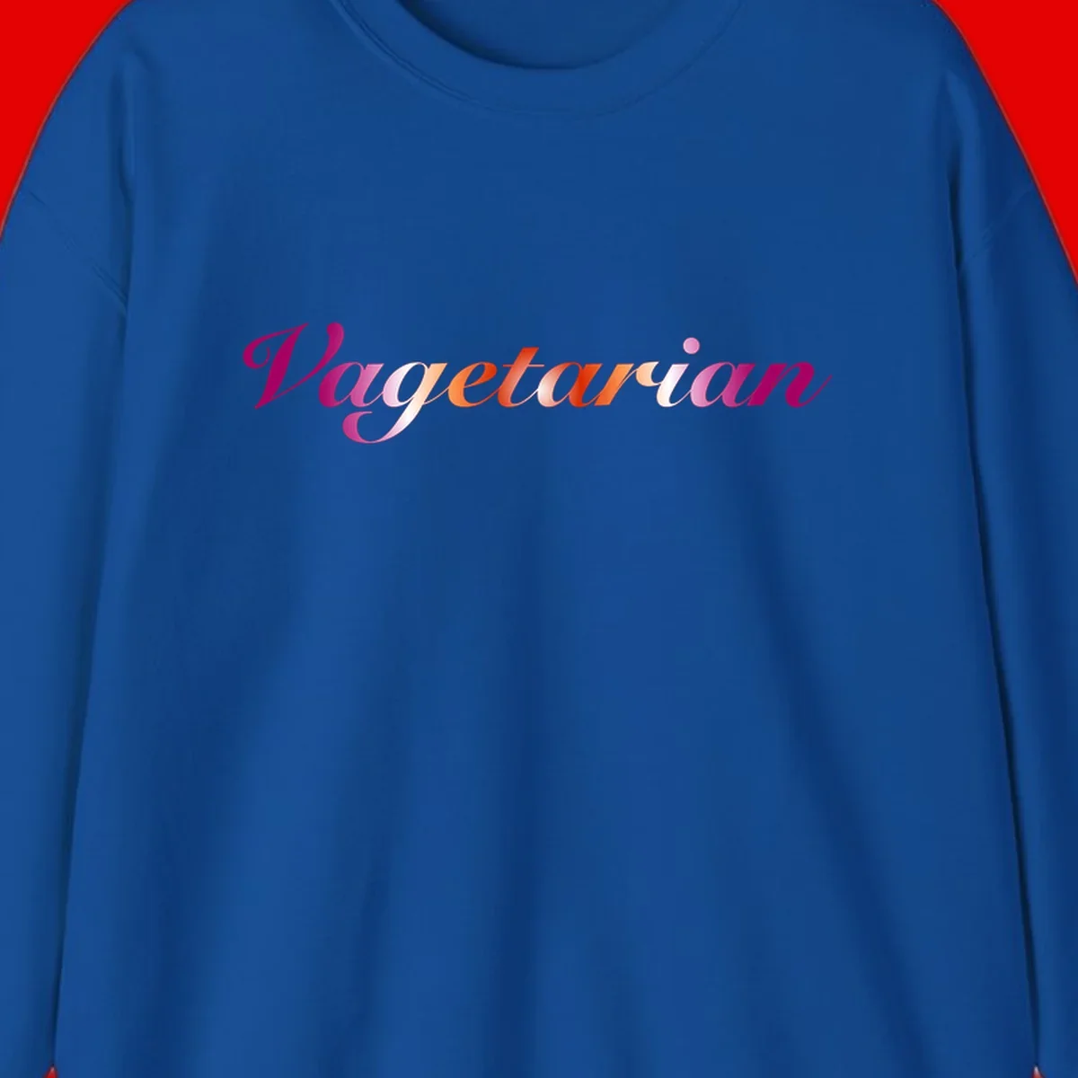 Colorful 'Vegetarian' text in flowing script with magenta, pink, and orange lettering on gray background