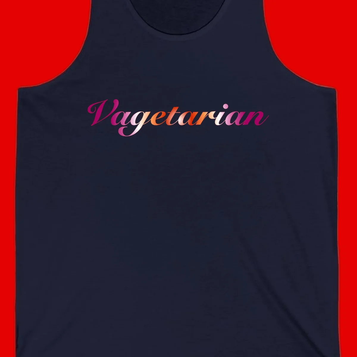 Colorful 'Vegetarian' text in flowing script with magenta, pink, and orange lettering on gray background