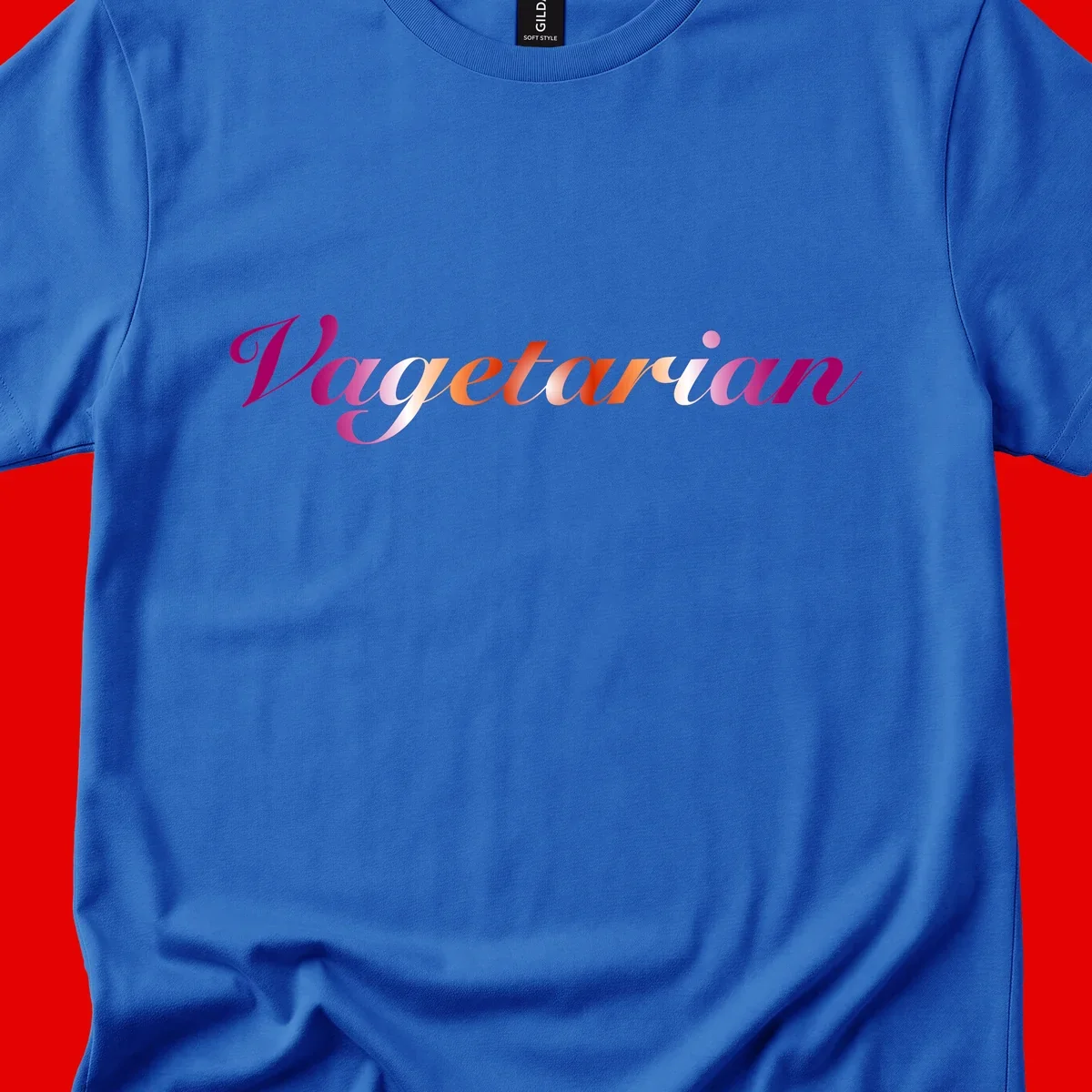 Colorful 'Vegetarian' text in flowing script with magenta, pink, and orange lettering on gray background