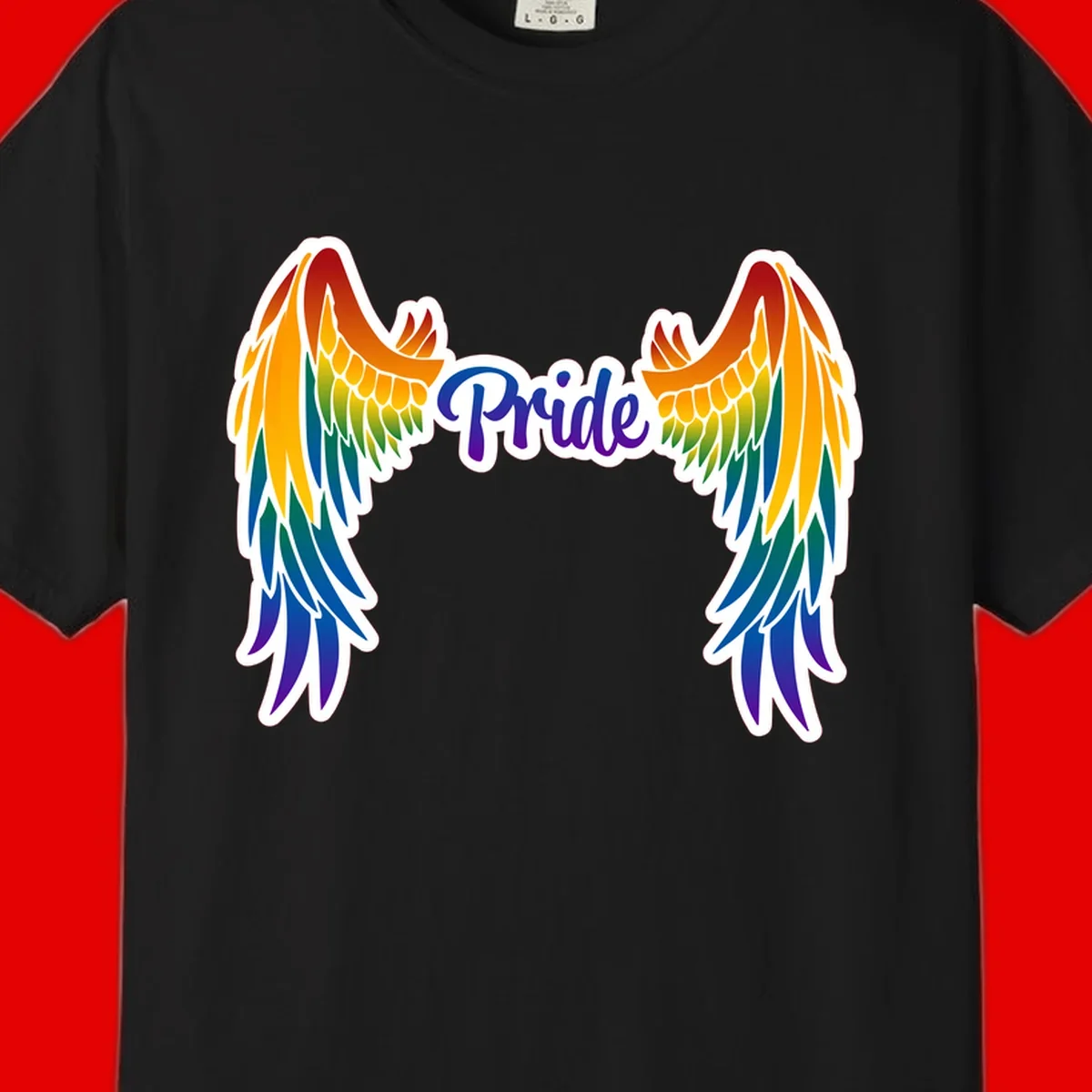 Rainbow gradient angel wings in red, orange, yellow, green, teal, blue, and purple with 'Pride' text in purple script