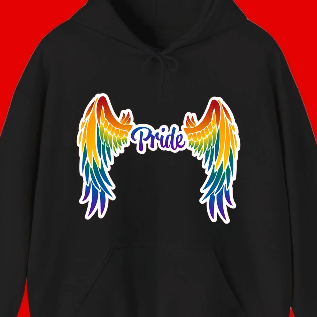 Rainbow gradient angel wings in red, orange, yellow, green, teal, blue, and purple with 'Pride' text in purple script