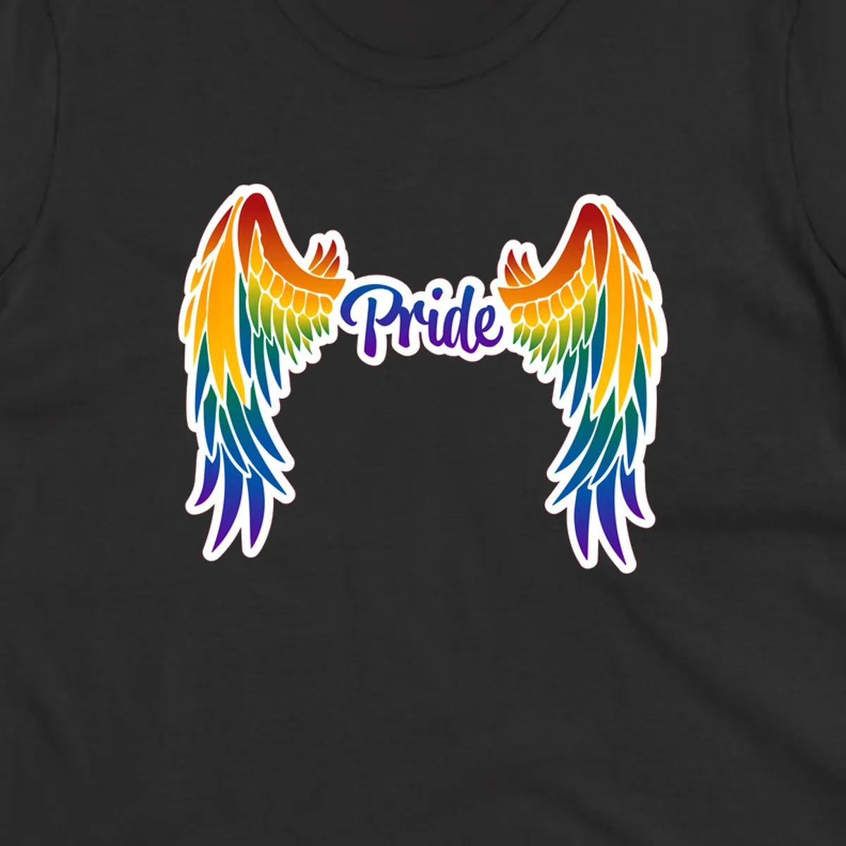 Rainbow gradient angel wings in red, orange, yellow, green, teal, blue, and purple with 'Pride' text in purple script