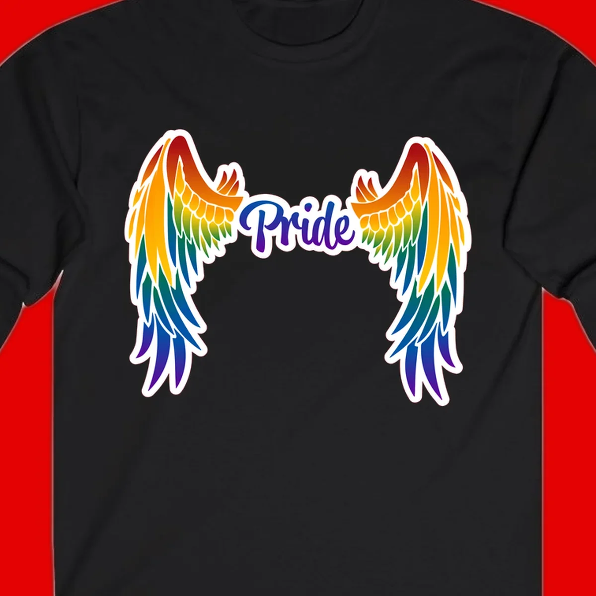Rainbow gradient angel wings in red, orange, yellow, green, teal, blue, and purple with 'Pride' text in purple script