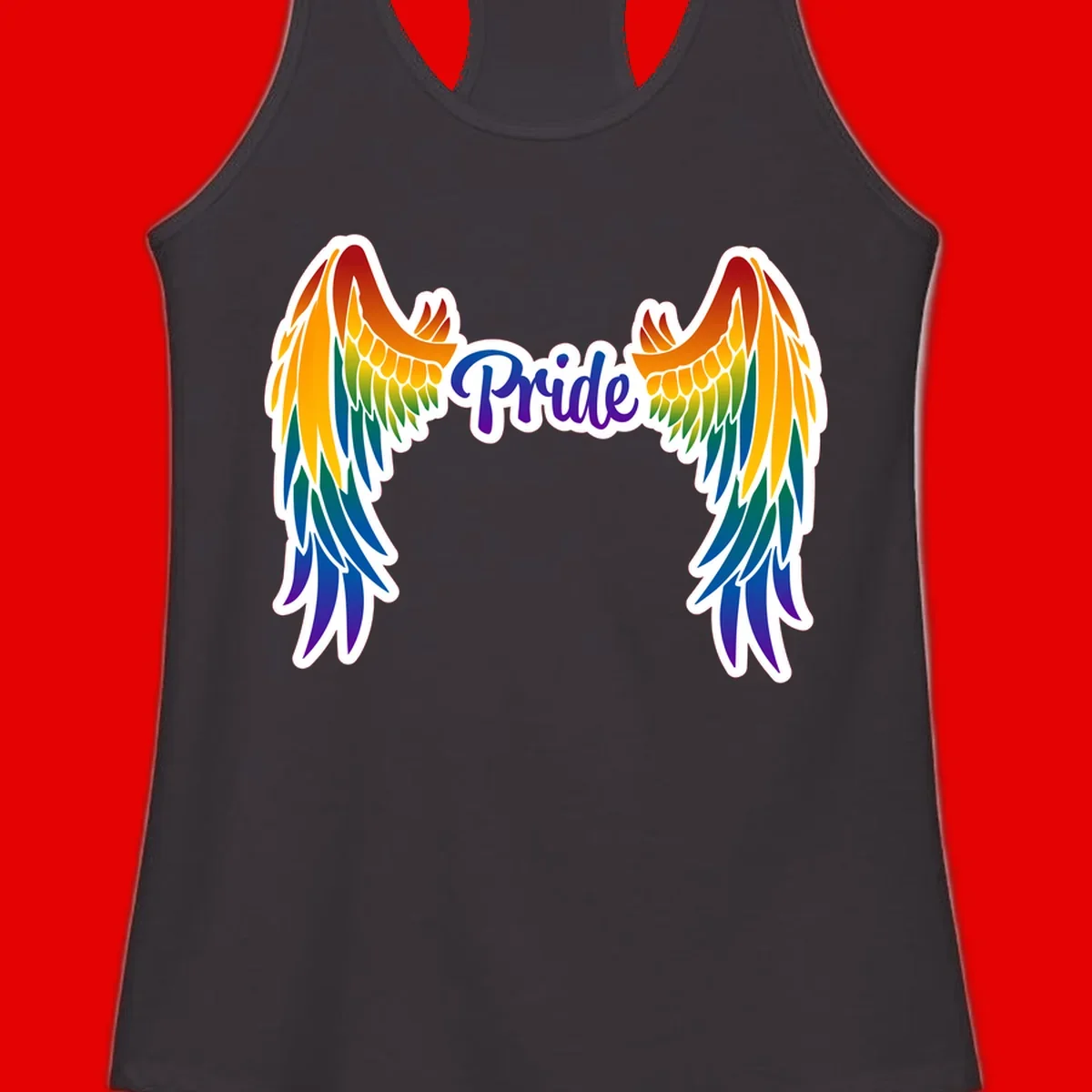 Rainbow gradient angel wings in red, orange, yellow, green, teal, blue, and purple with 'Pride' text in purple script