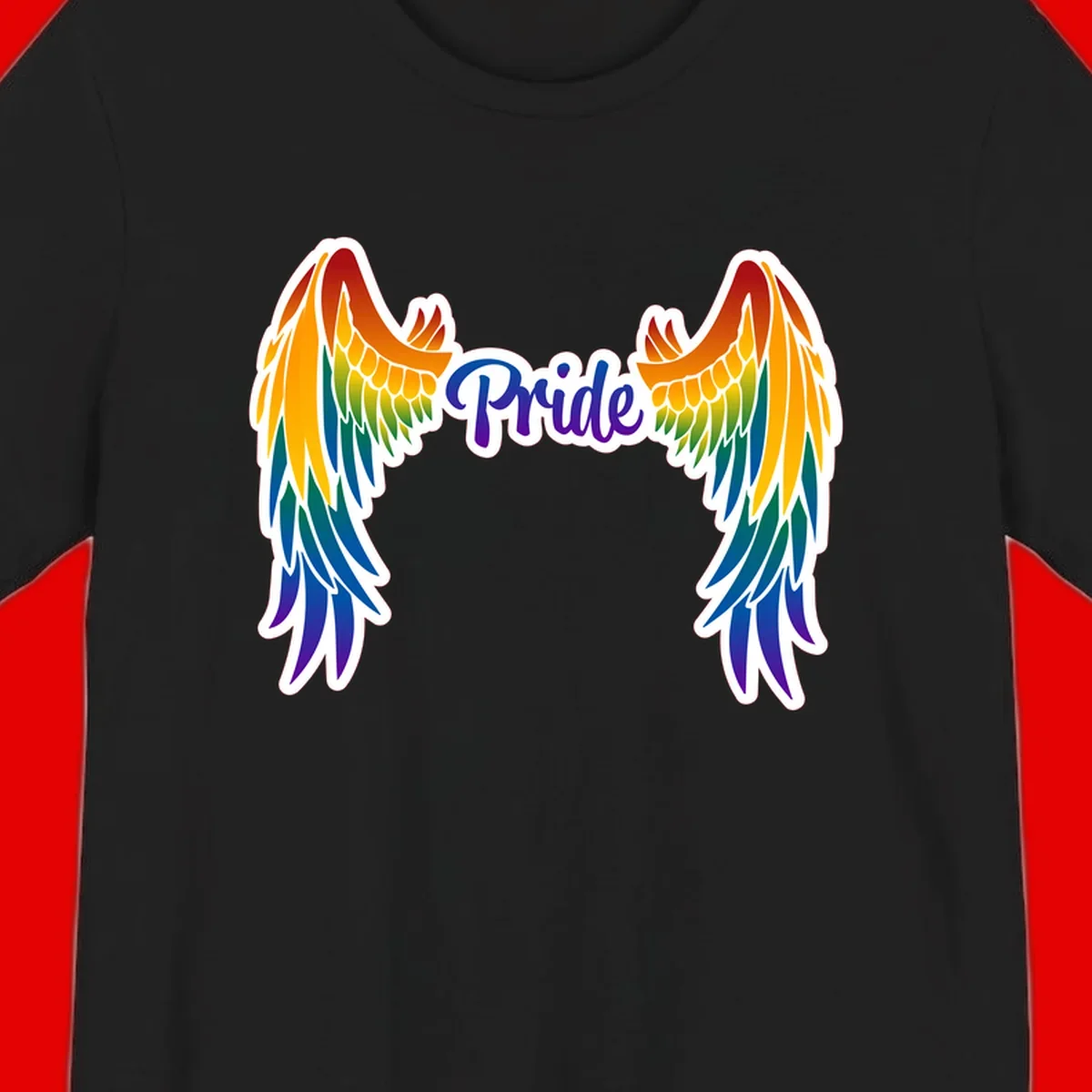 Rainbow gradient angel wings in red, orange, yellow, green, teal, blue, and purple with 'Pride' text in purple script