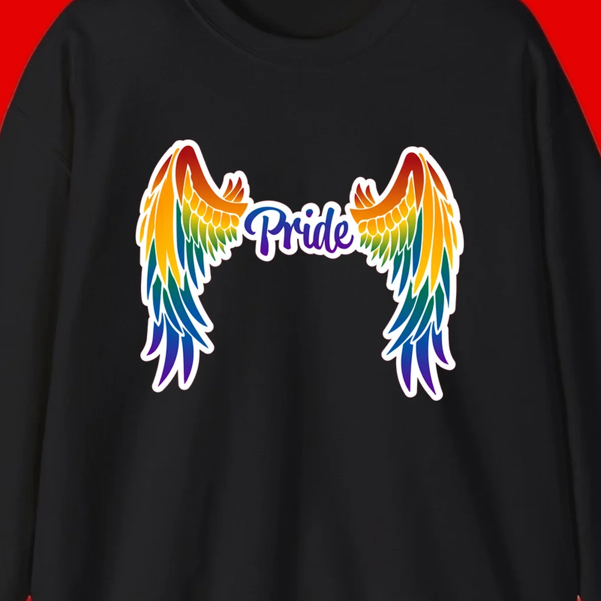 Rainbow gradient angel wings in red, orange, yellow, green, teal, blue, and purple with 'Pride' text in purple script