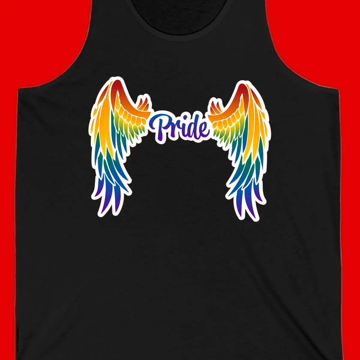 Rainbow gradient angel wings in red, orange, yellow, green, teal, blue, and purple with 'Pride' text in purple script