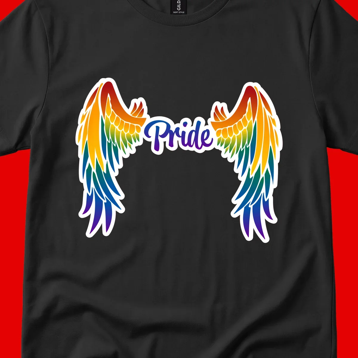 Rainbow gradient angel wings in red, orange, yellow, green, teal, blue, and purple with 'Pride' text in purple script