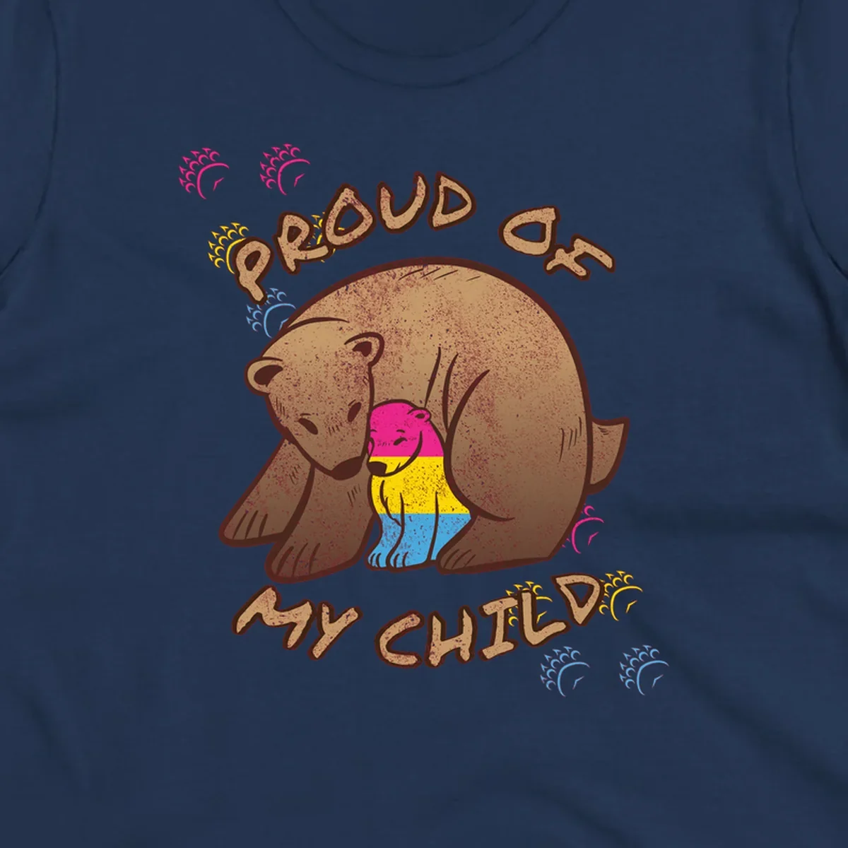 Large bear proudly hugging a smaller bear cub wearing a pride flag shirt, with text reading 'Proud As My Child'