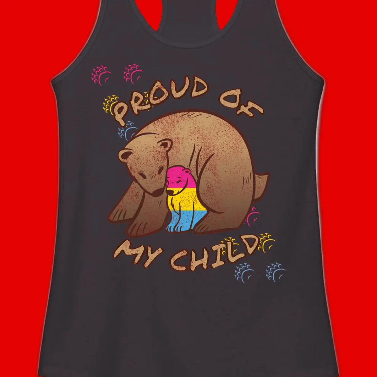 Large bear proudly hugging a smaller bear cub wearing a pride flag shirt, with text reading 'Proud As My Child'